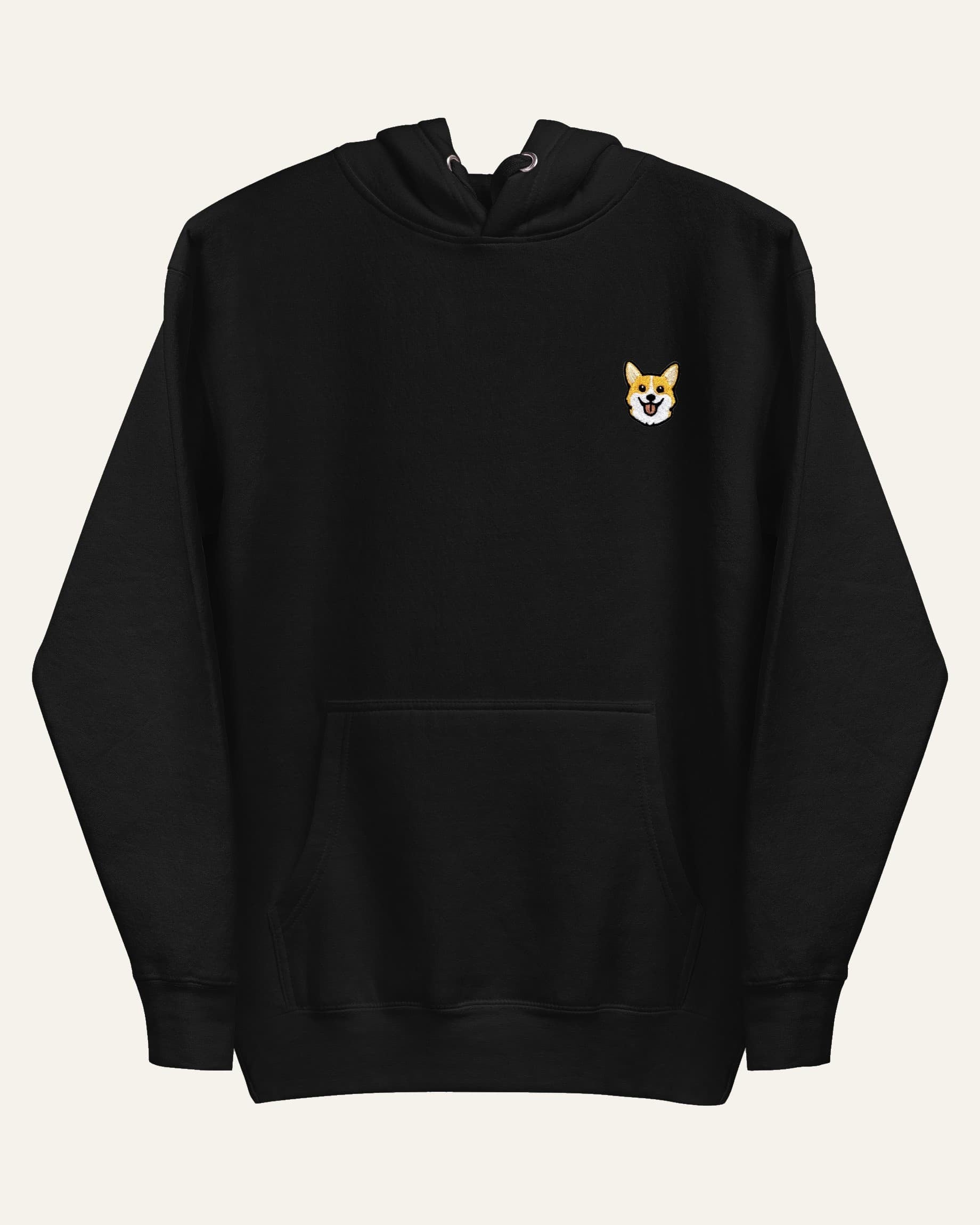 Black Hoodie with minimalist embroidered Corgi icon on left chest.