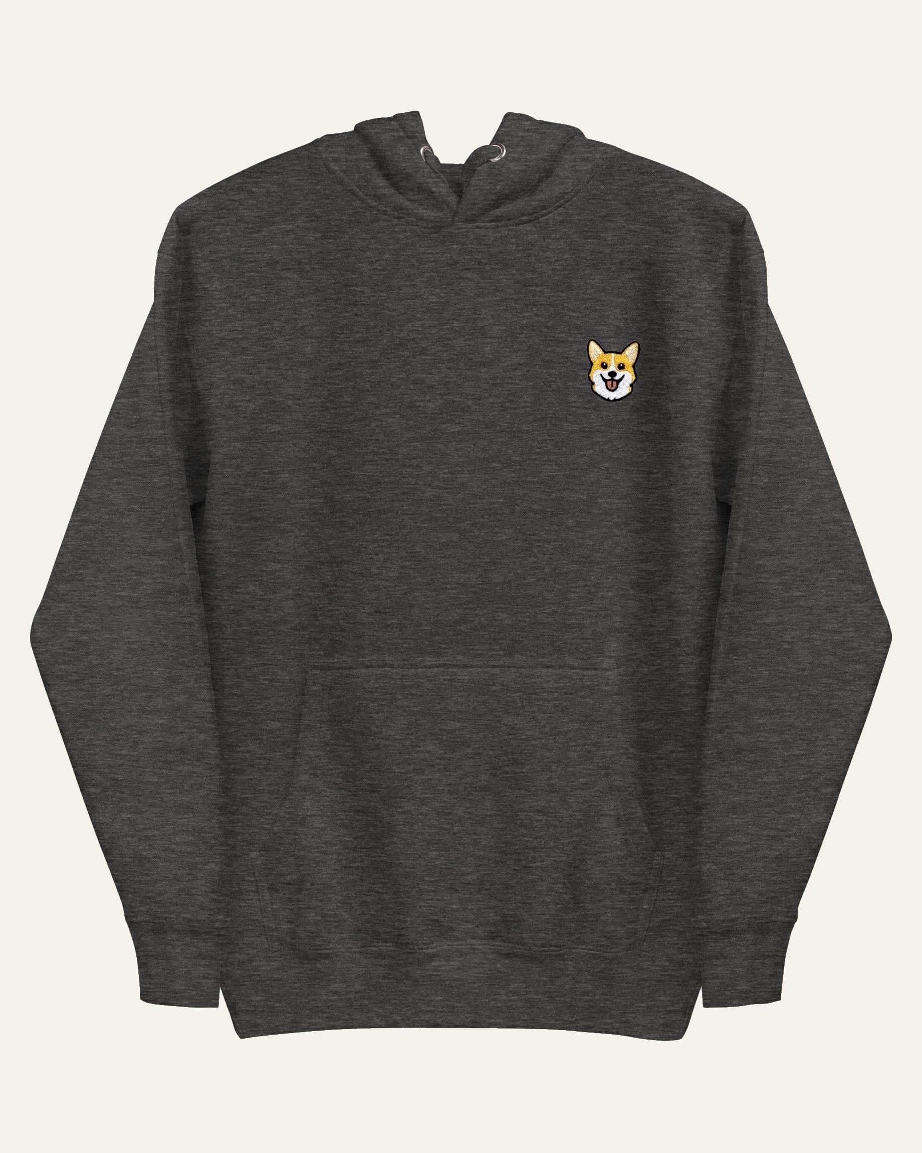 Dark Grey Heather Hoodie with minimalist embroidered Corgi icon on left chest.