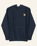 Navy Hoodie with minimalist embroidered Corgi icon on left chest.