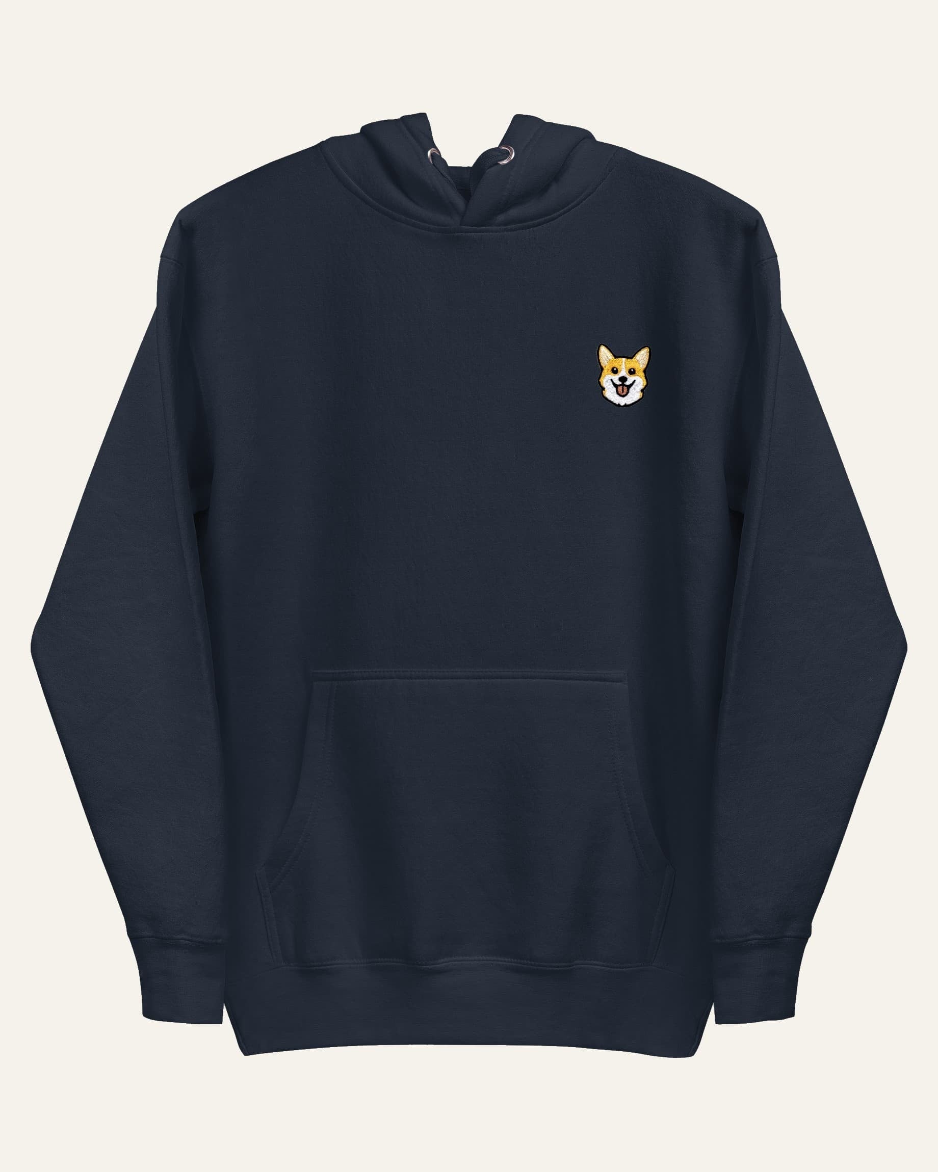 Navy Hoodie with minimalist embroidered Corgi icon on left chest.