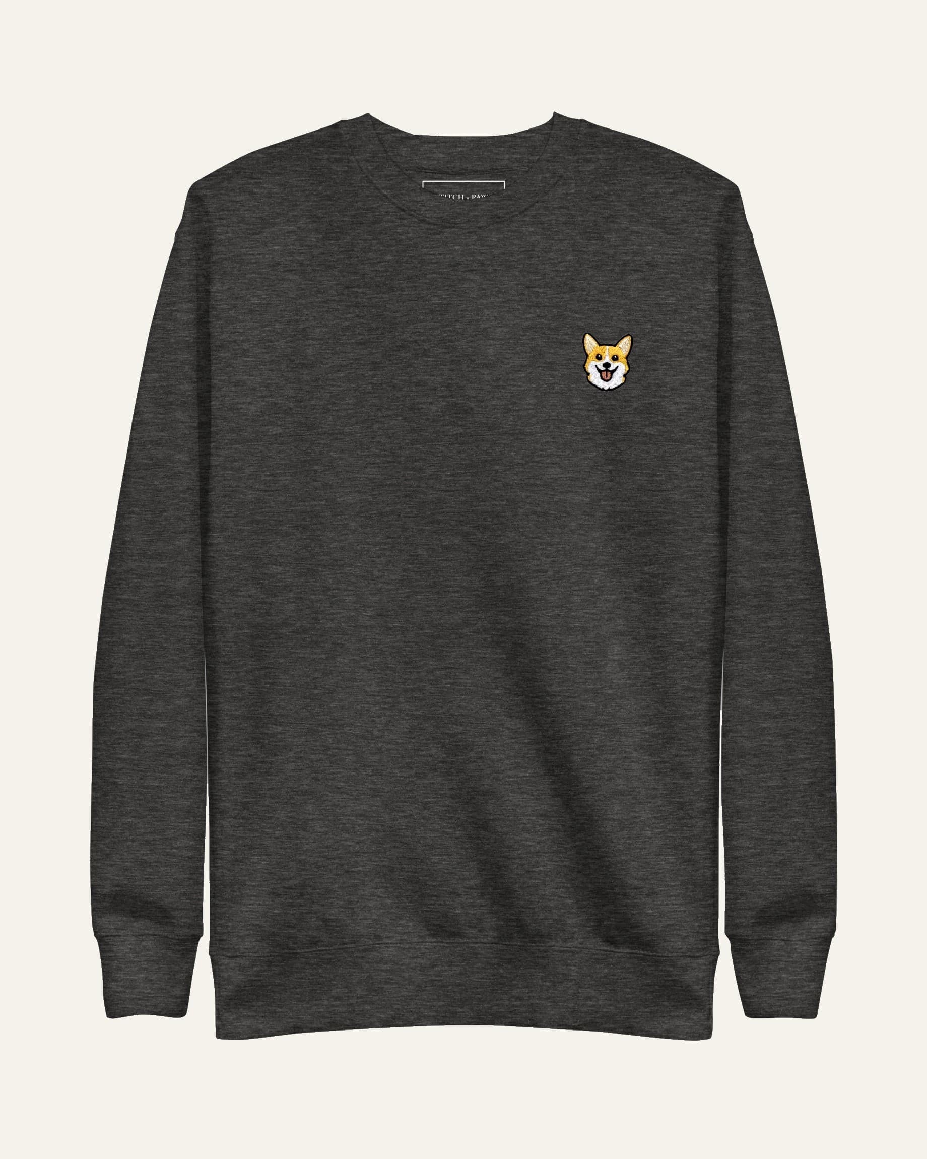 Dark Grey Heather Sweatshirt with minimalist embroidered Corgi icon on left chest.