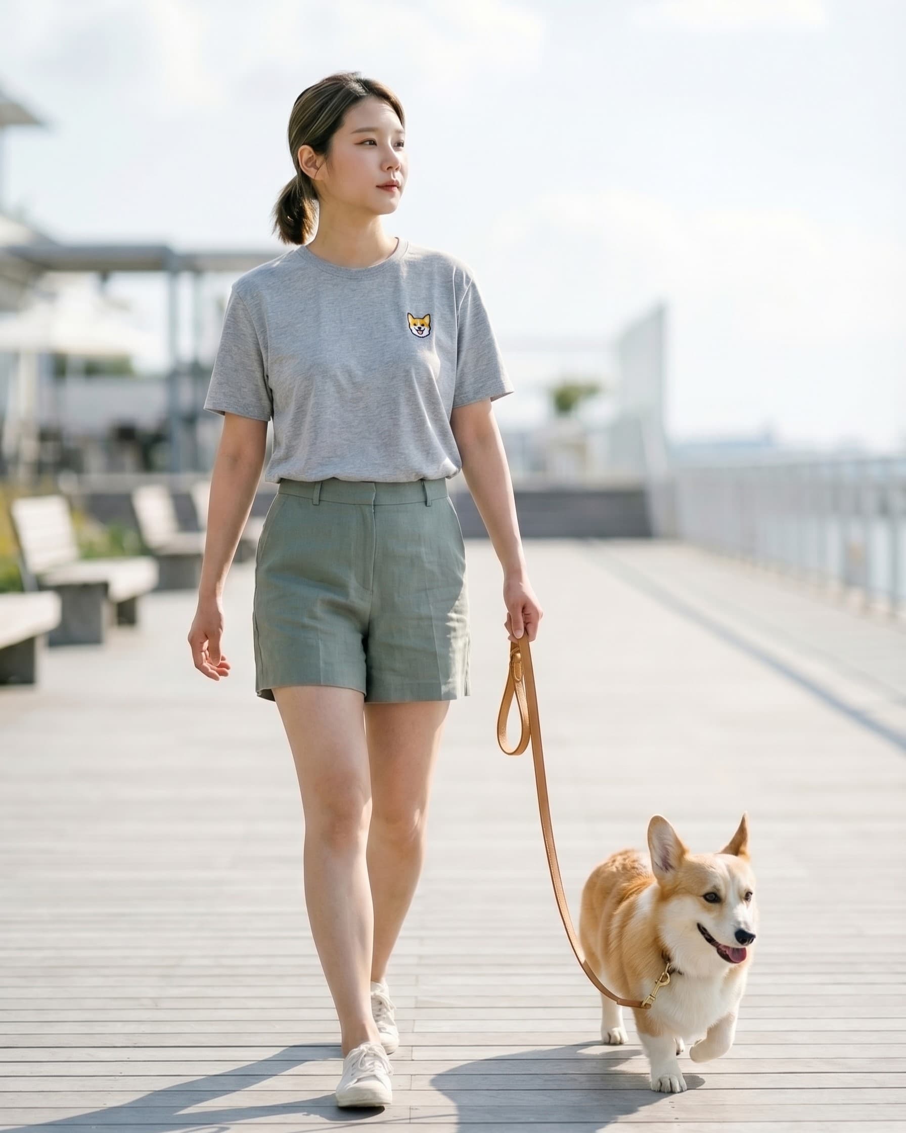 Woman walking Corgi on boardwalk, wearing Light Grey Heather T-shirt with minimalist embroidered Corgi icon on left chest.