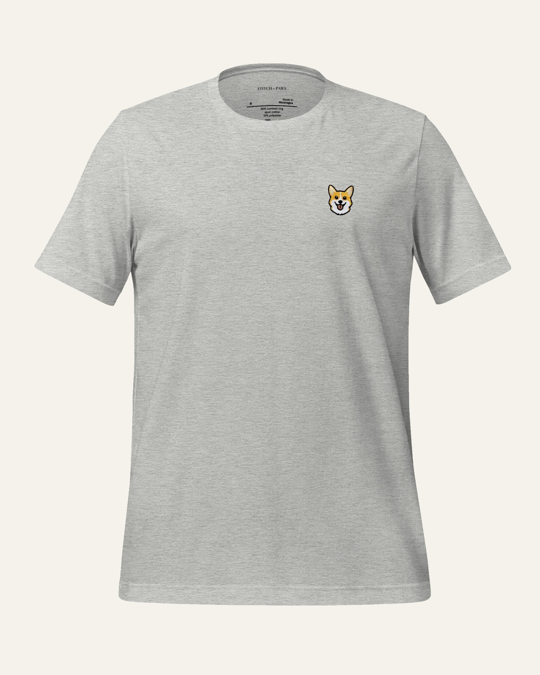 Light Grey Heather T-shirt with minimalist embroidered Corgi icon on left chest.