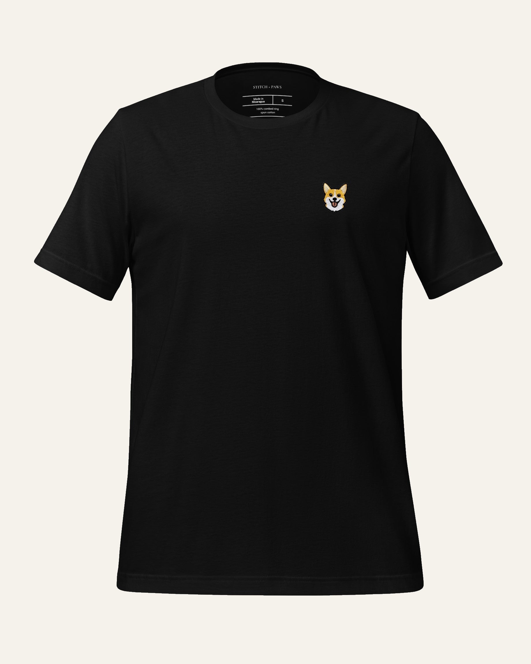 Black T-shirt with minimalist embroidered Corgi icon on left chest.