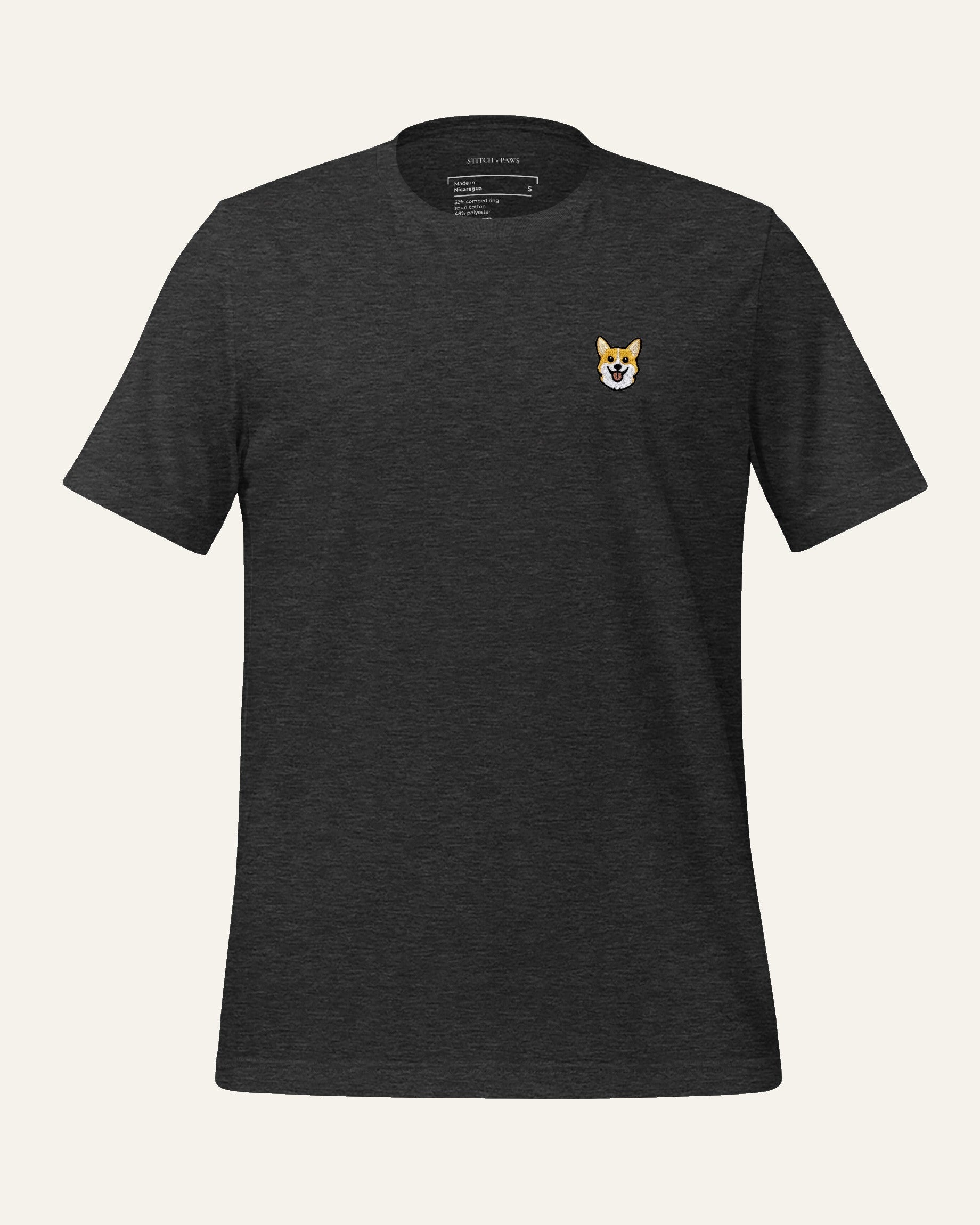 Dark Grey Heather T-shirt with minimalist embroidered Corgi icon on left chest.
