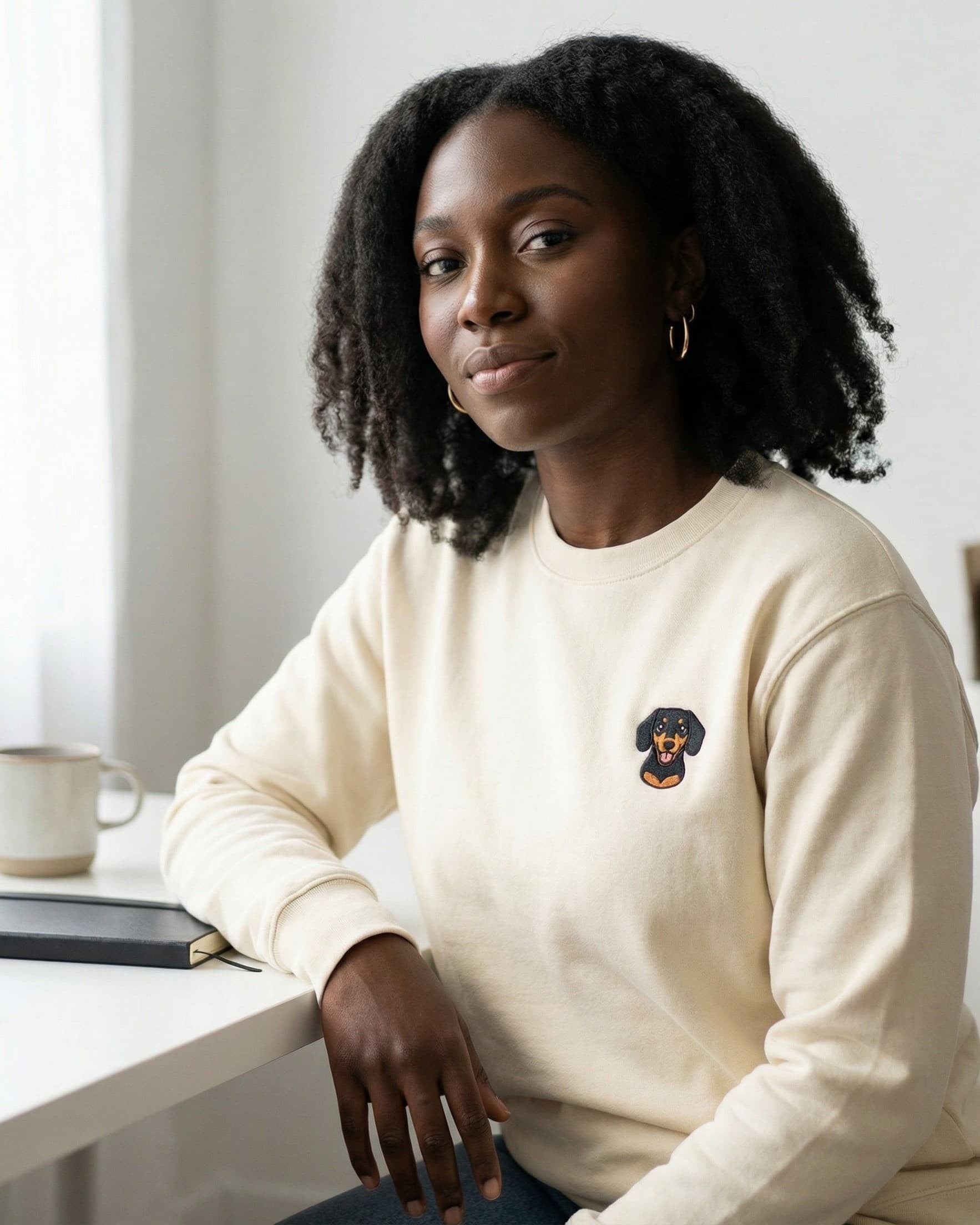 Woman sitting at desk wearing Light Beige Sweatshirt with minimalist embroidered Dachshund icon on left chest.