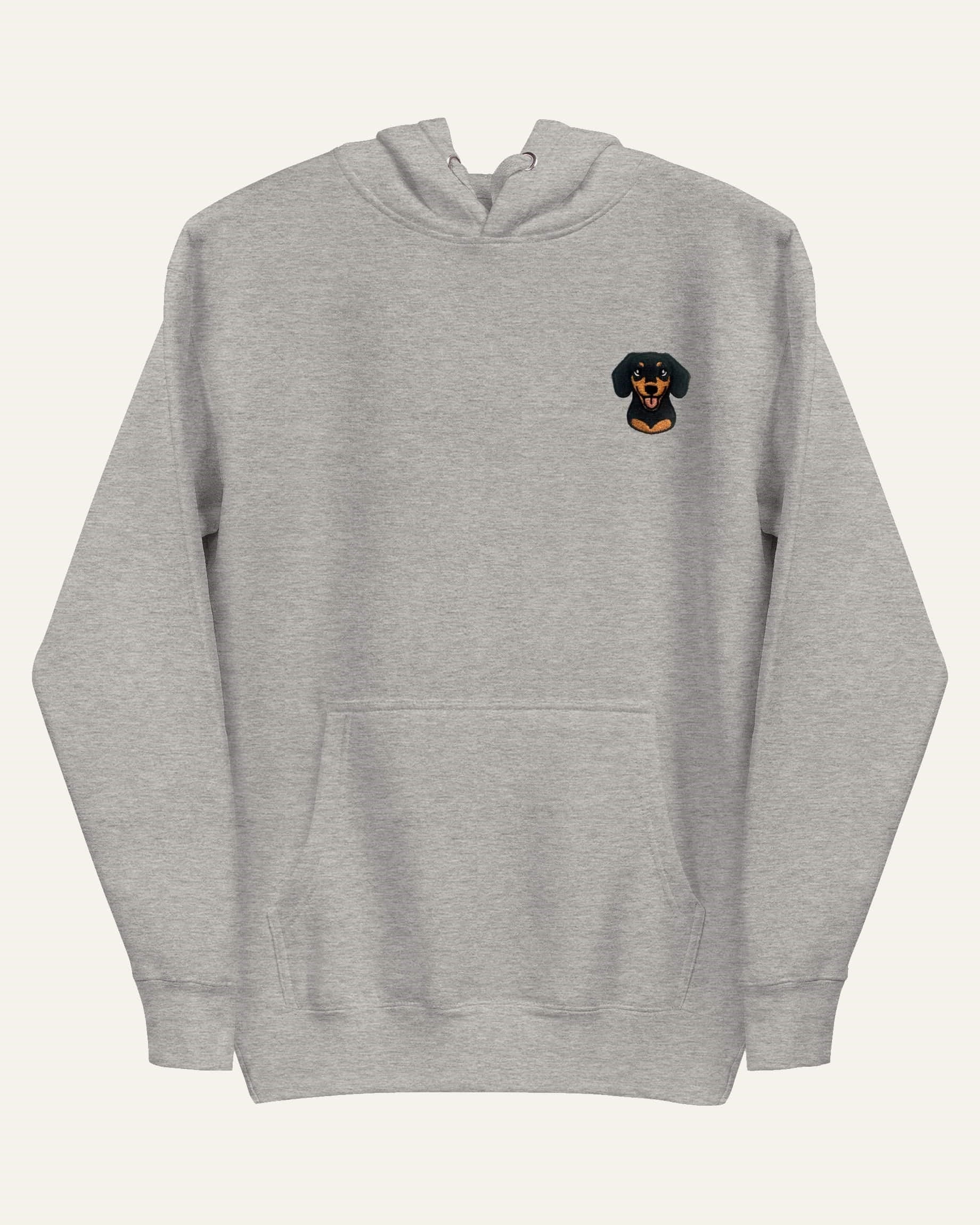 Light Grey Heather Hoodie with minimalist embroidered Dachshund icon on left chest.