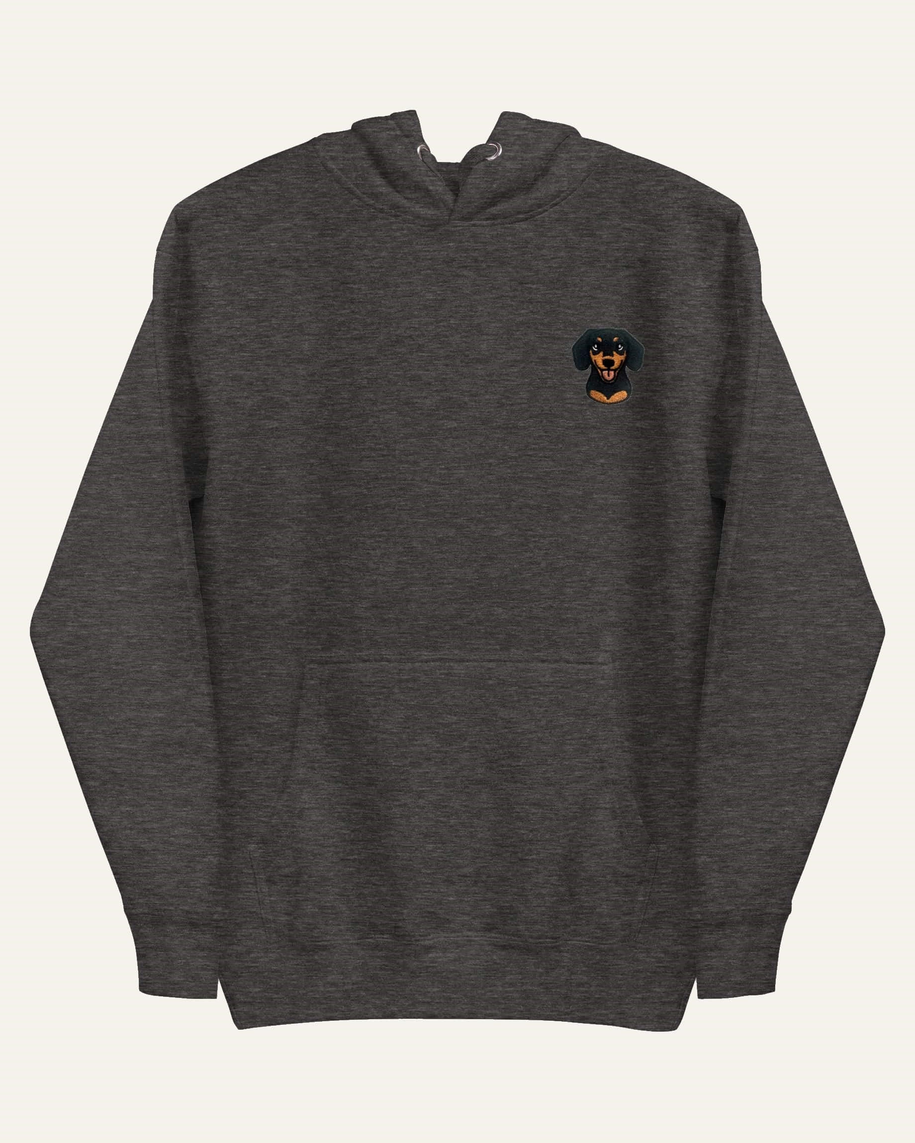 Dark Grey Heather Hoodie with minimalist embroidered Dachshund icon on left chest.