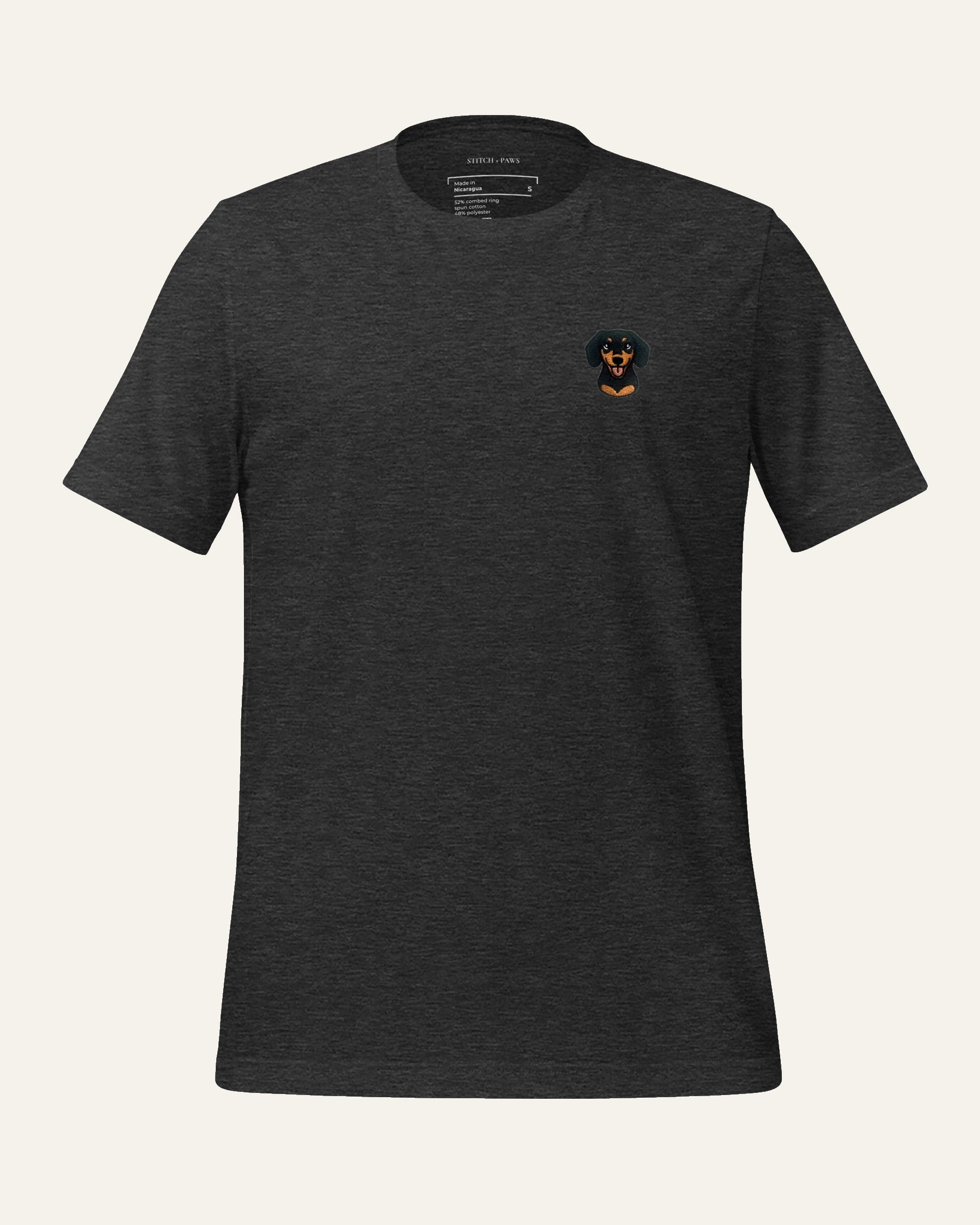 Dark Grey Heather T-shirt with minimalist embroidered Dachshund icon on left chest.