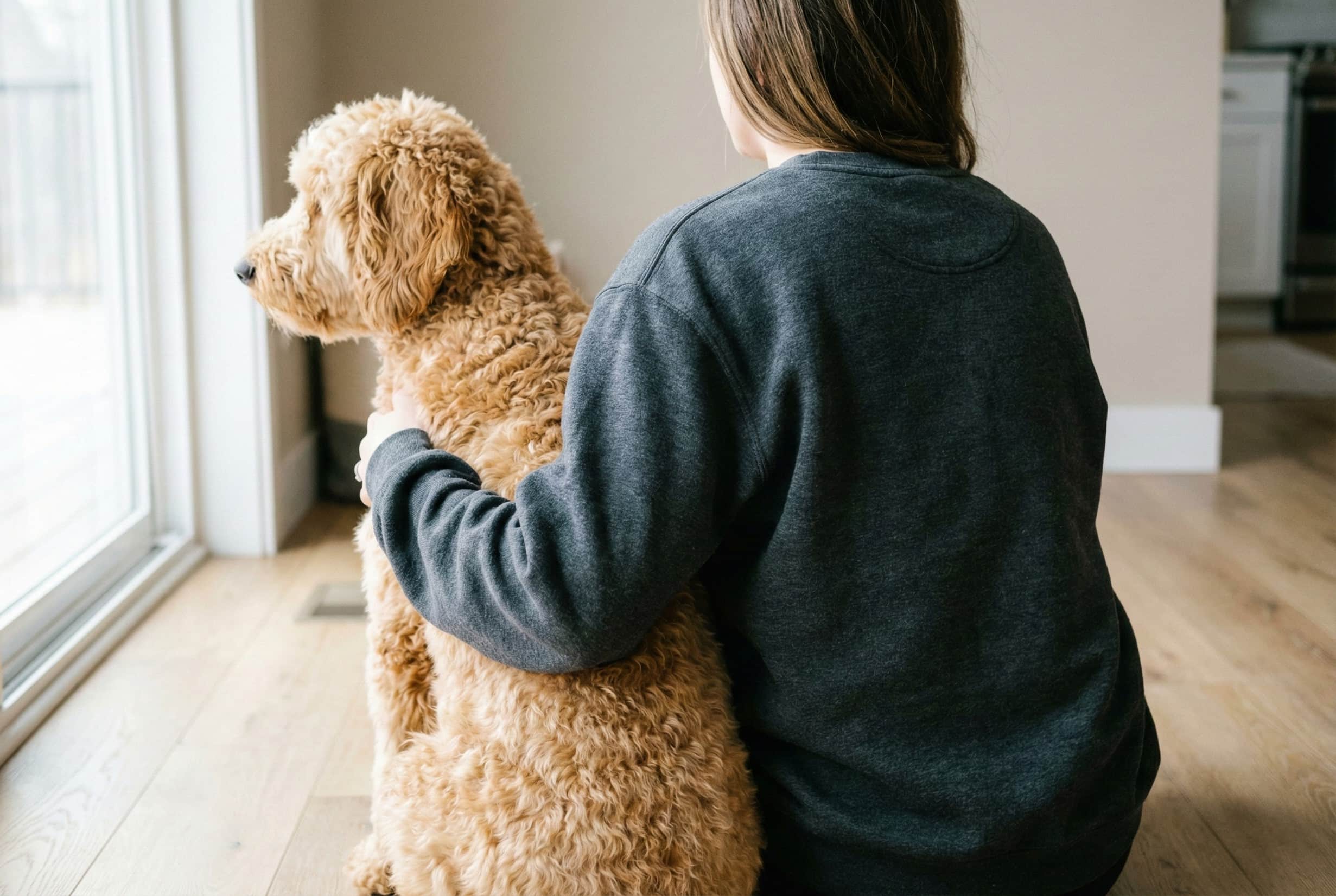 Woman sitting on the floor with a dog by a window indoors, wearing Dark Grey Heather Sweatshirt.