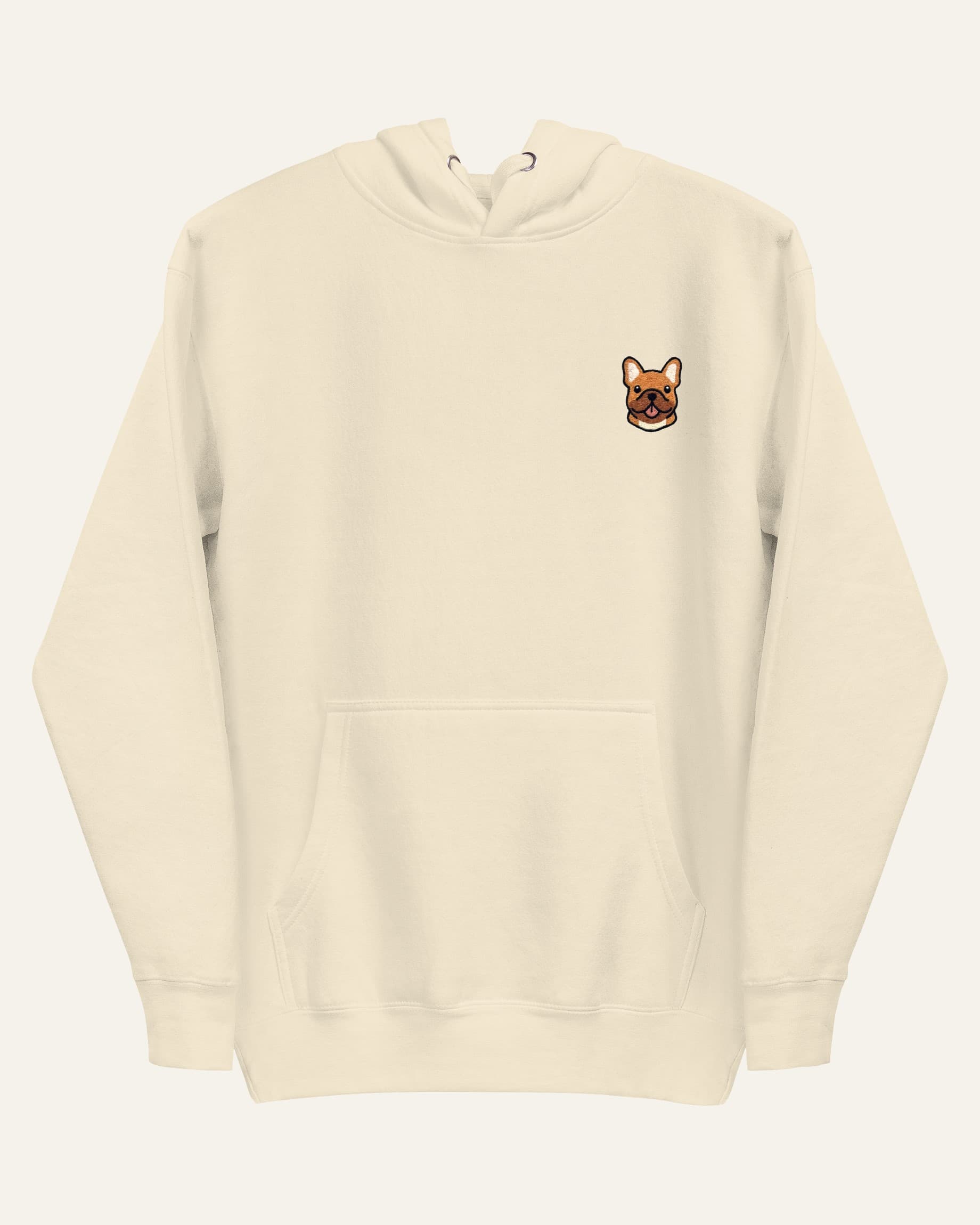 Beige Hoodie with minimalist embroidered Frenchie icon on left chest.