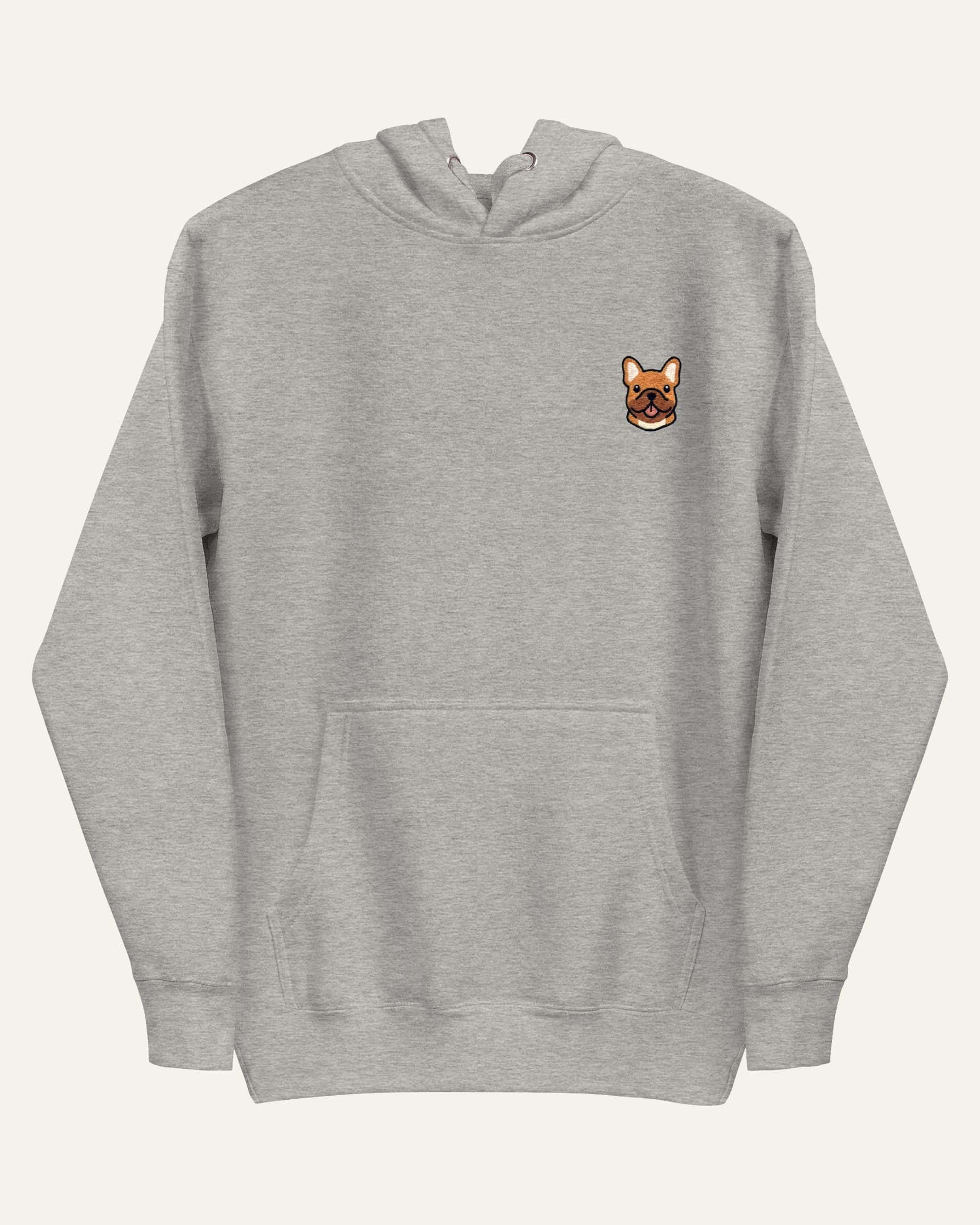 Light Grey Heather Hoodie with minimalist embroidered Frenchie icon on left chest.
