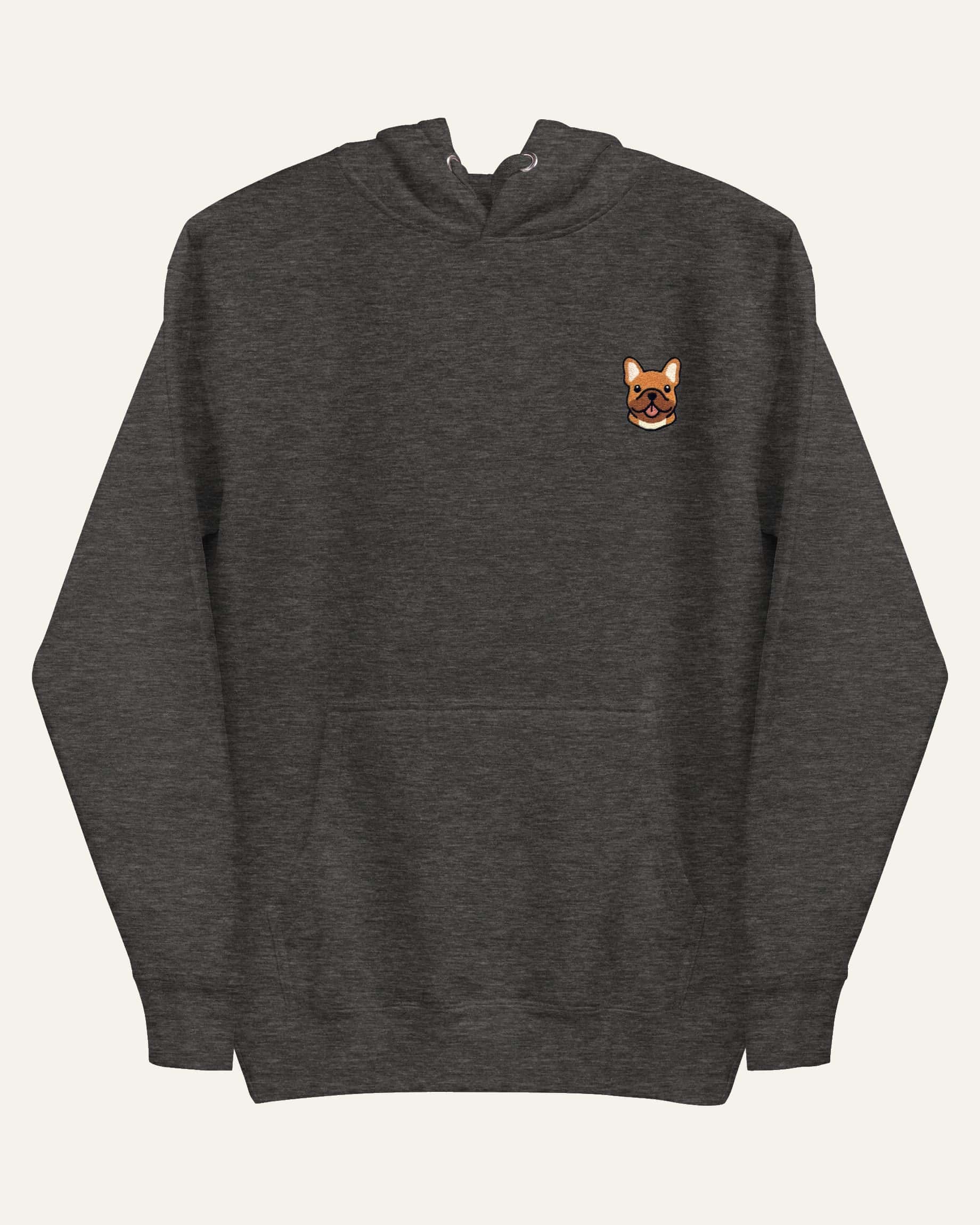 Dark Grey Heather Hoodie with minimalist embroidered Frenchie icon on left chest.