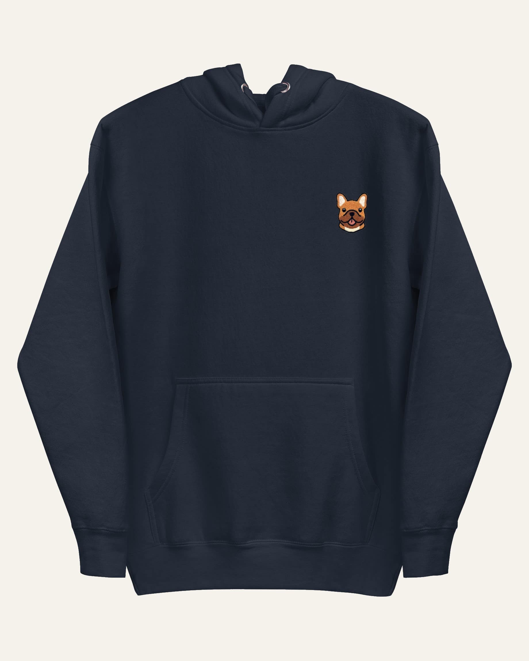 Navy Hoodie with minimalist embroidered Frenchie icon on left chest.