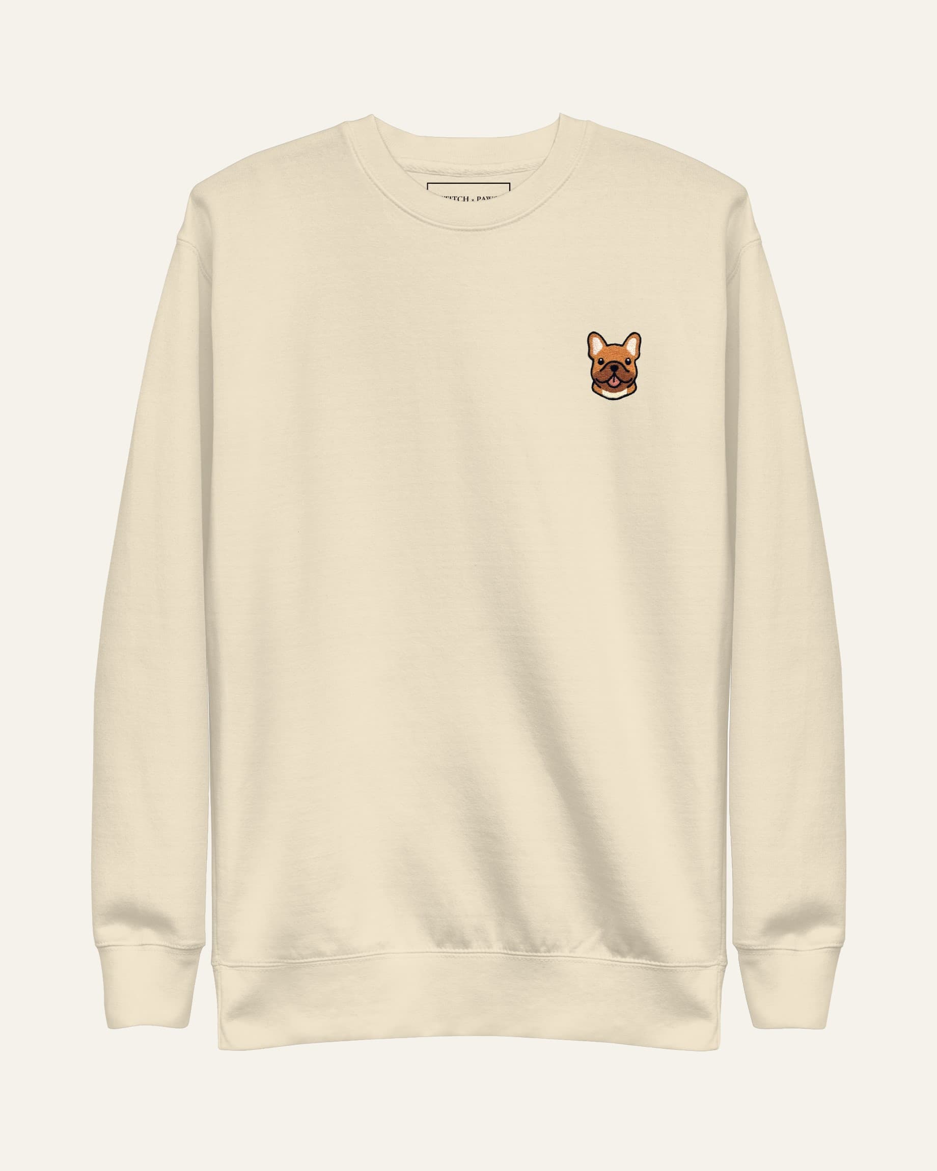 Beige Sweatshirt with minimalist embroidered Frenchie icon on left chest.