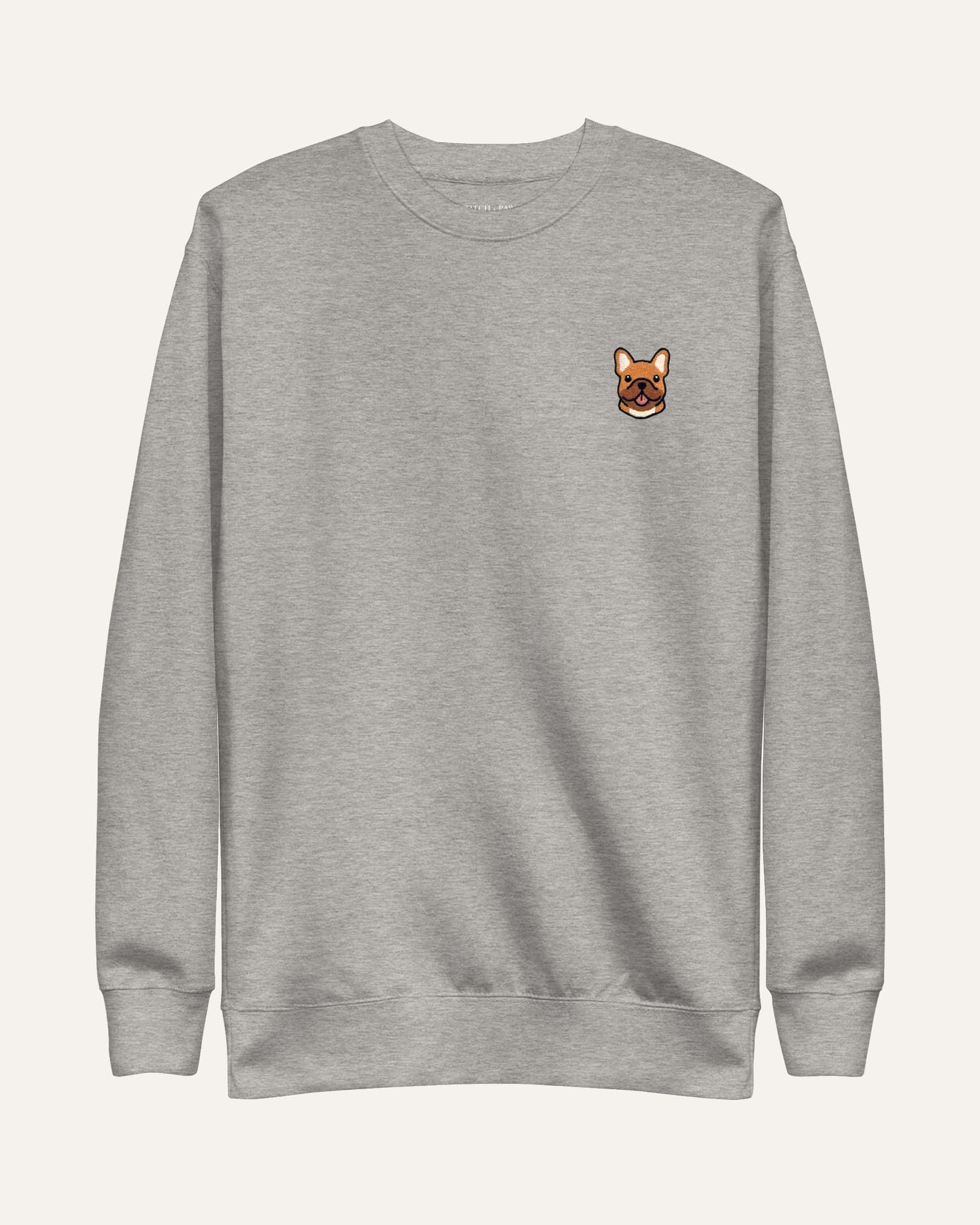 Light Grey Heather Sweatshirt with minimalist embroidered Frenchie icon on left chest.