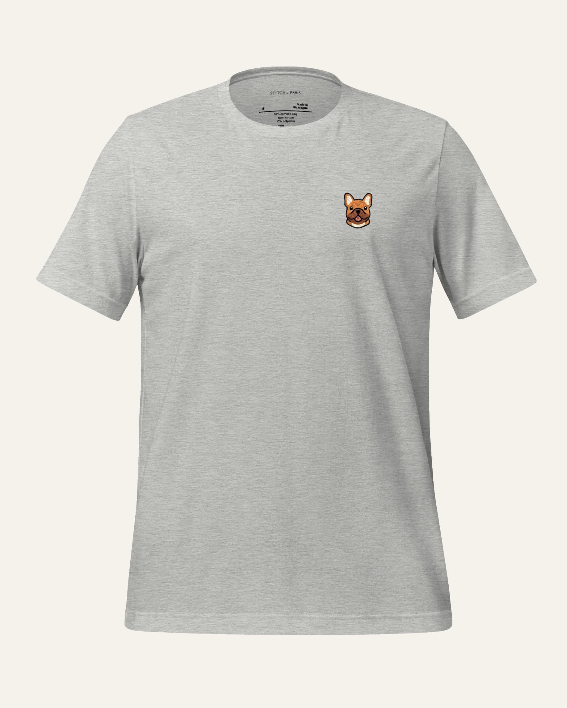 Light Grey Heather T-shirt with minimalist embroidered Frenchie icon on left chest.