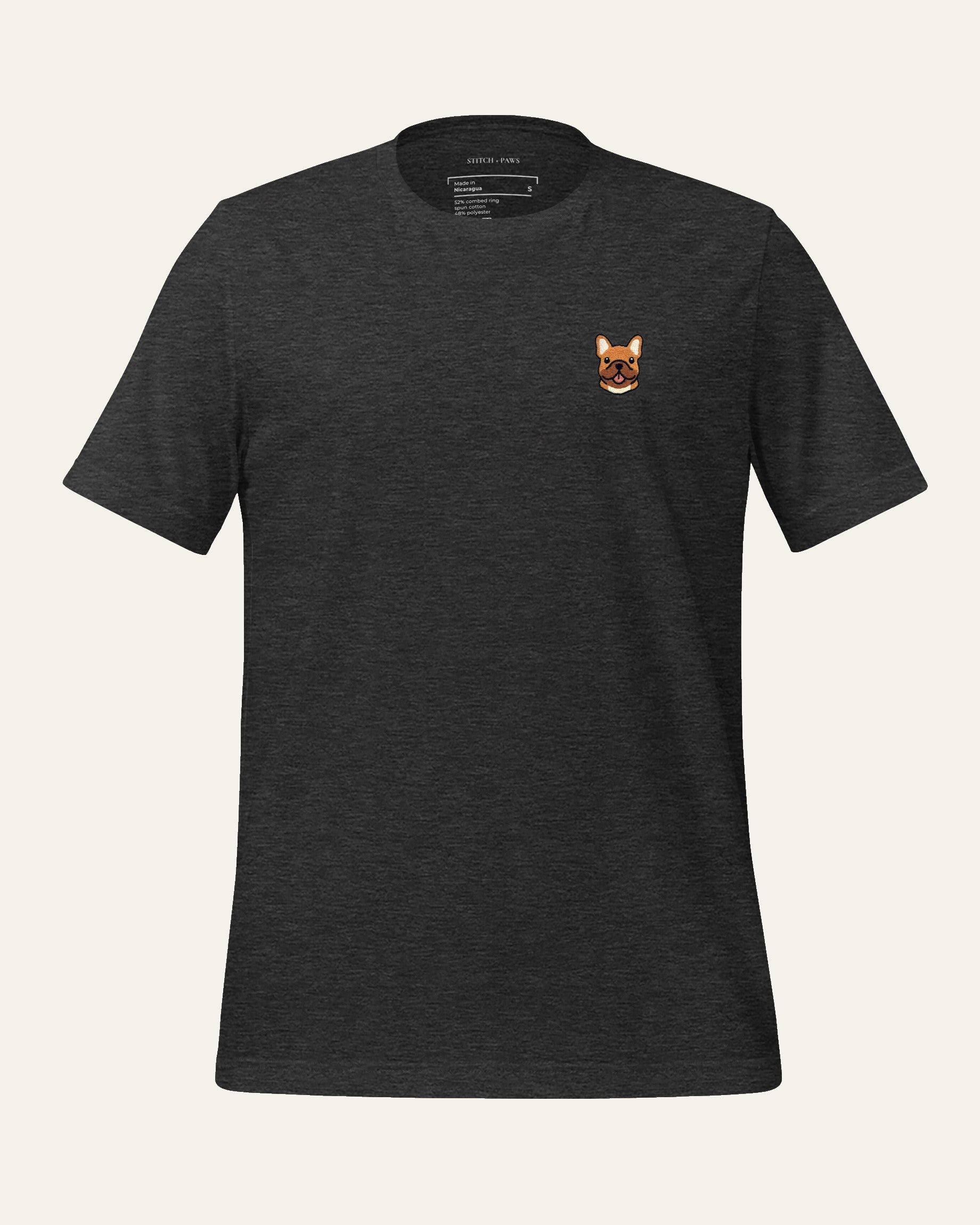 Dark Grey Heather T-shirt with minimalist embroidered Frenchie icon on left chest.