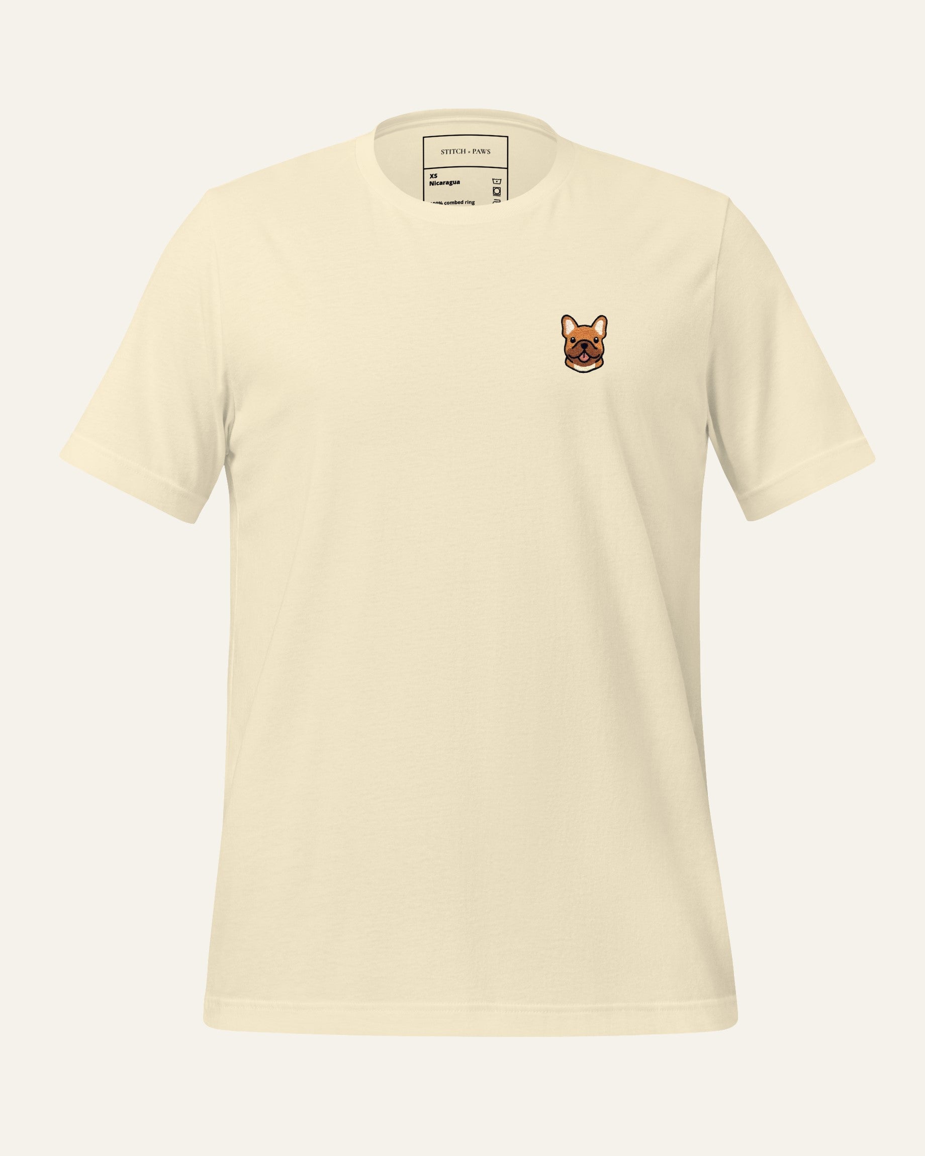 Beige T-shirt with minimalist embroidered Frenchie icon on left chest.