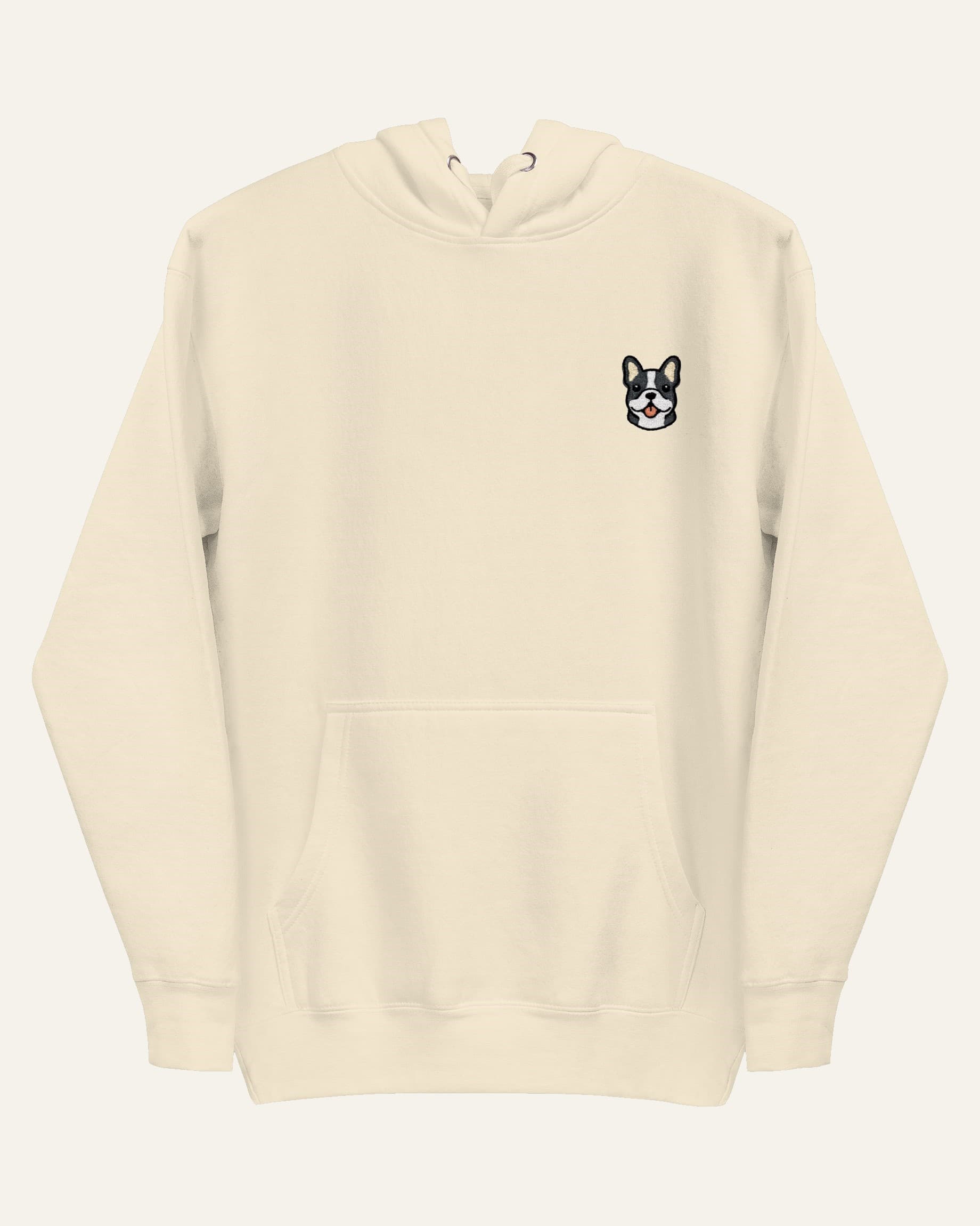 Beige Hoodie with minimalist embroidered Frenchie icon on left chest.