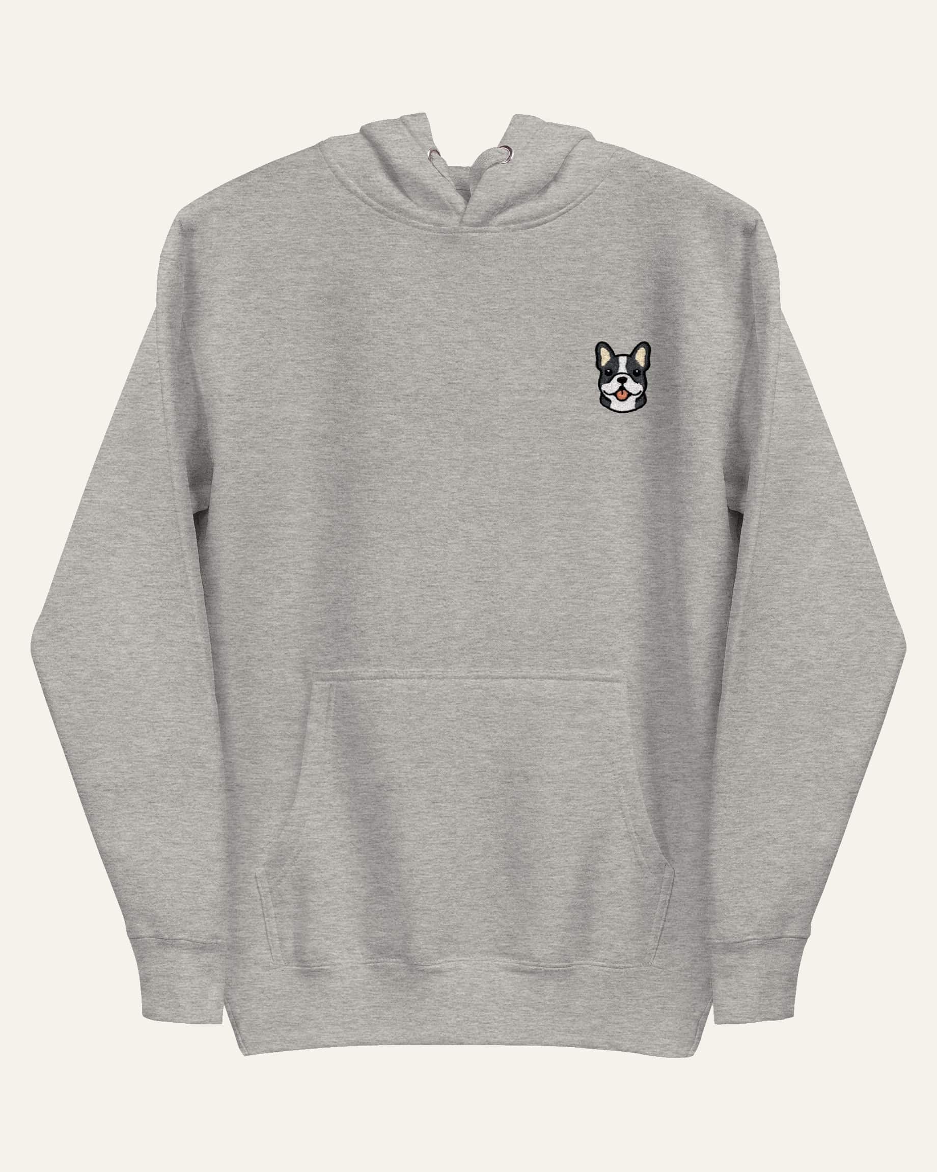 Light Grey Heather Hoodie with minimalist embroidered Frenchie icon on left chest.
