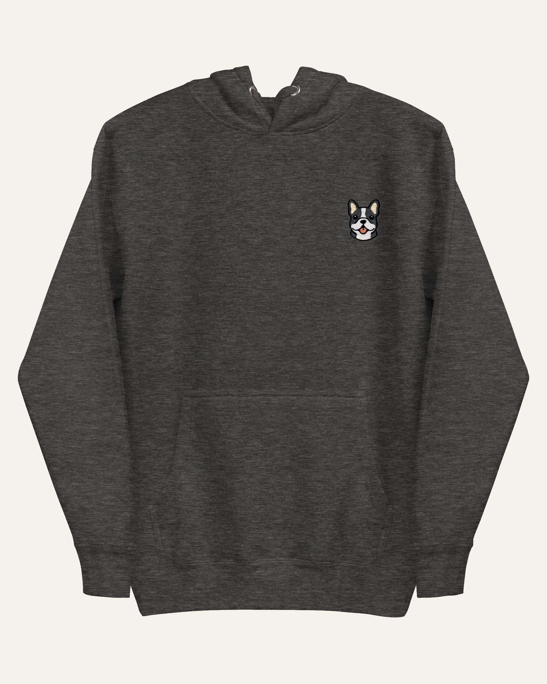 Dark Grey Heather Hoodie with minimalist embroidered Frenchie icon on left chest.
