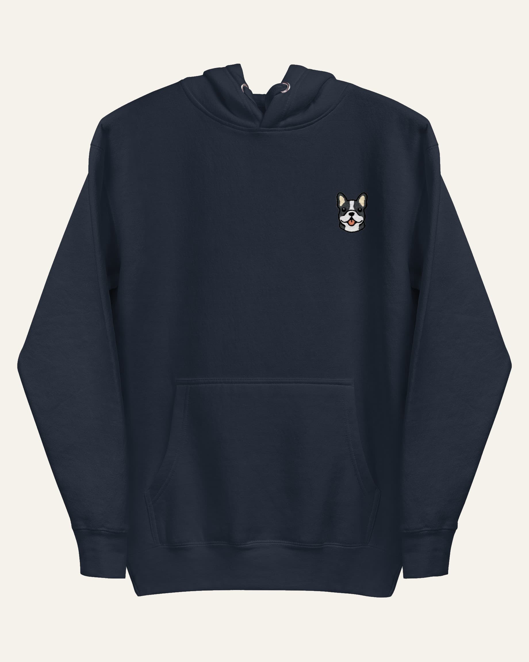 Navy Hoodie with minimalist embroidered Frenchie icon on left chest.