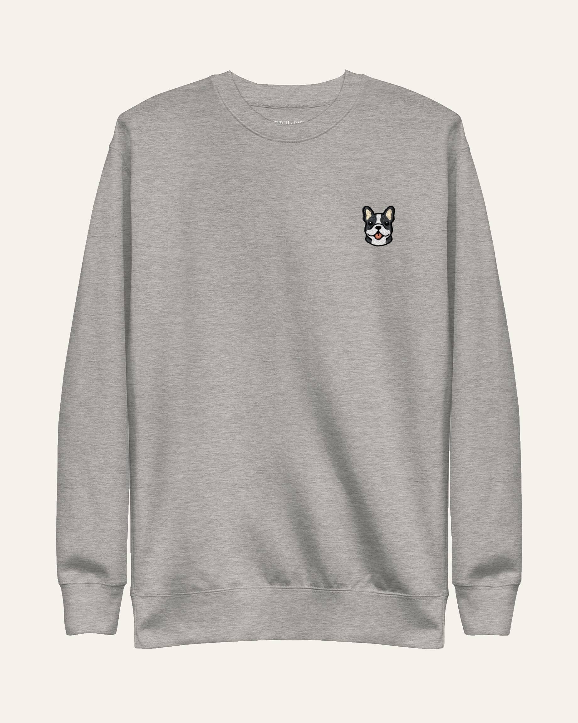 Light Grey Heather Sweatshirt with minimalist embroidered Frenchie icon on left chest.