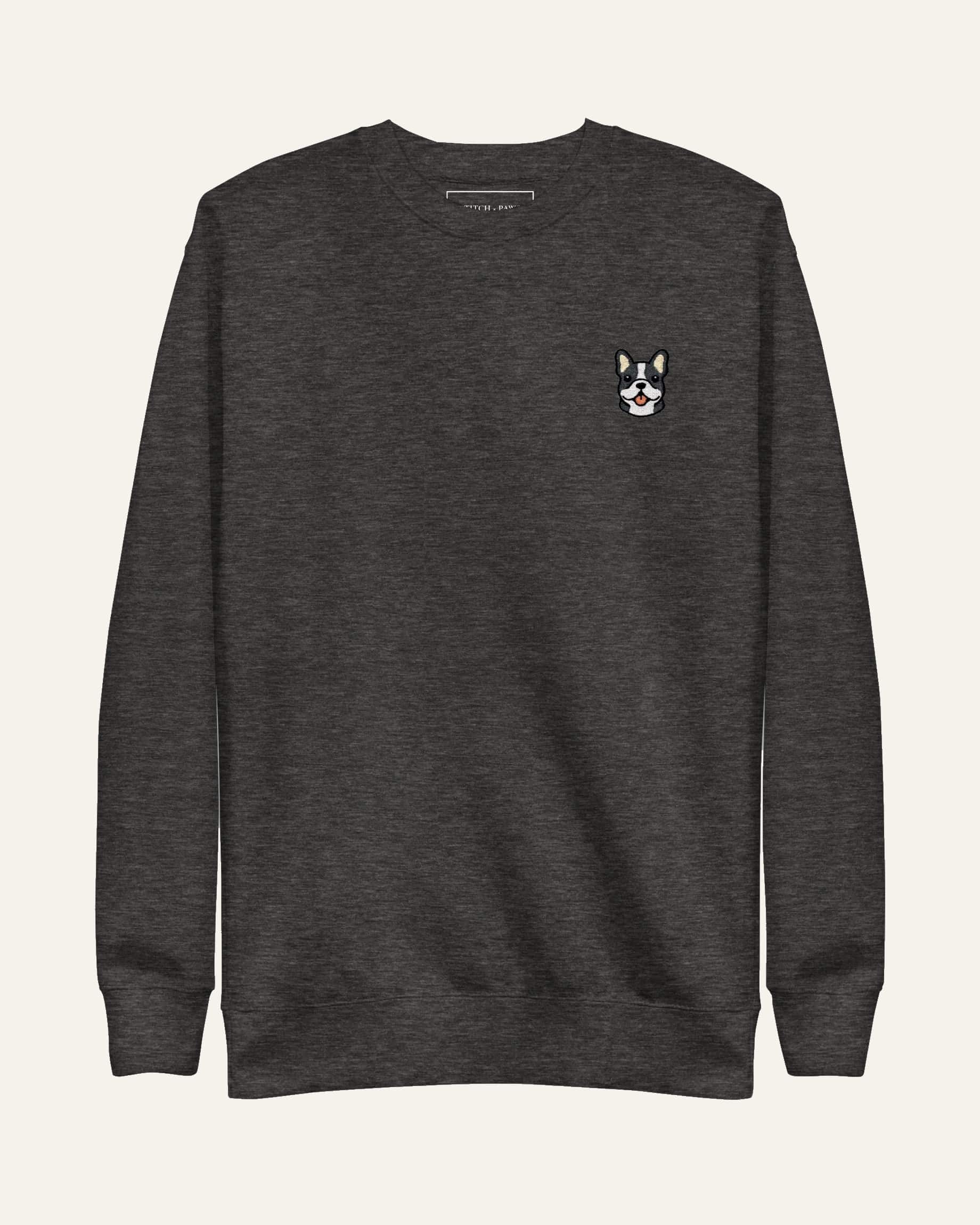 Dark Grey Heather Sweatshirt with minimalist embroidered Frenchie icon on left chest.