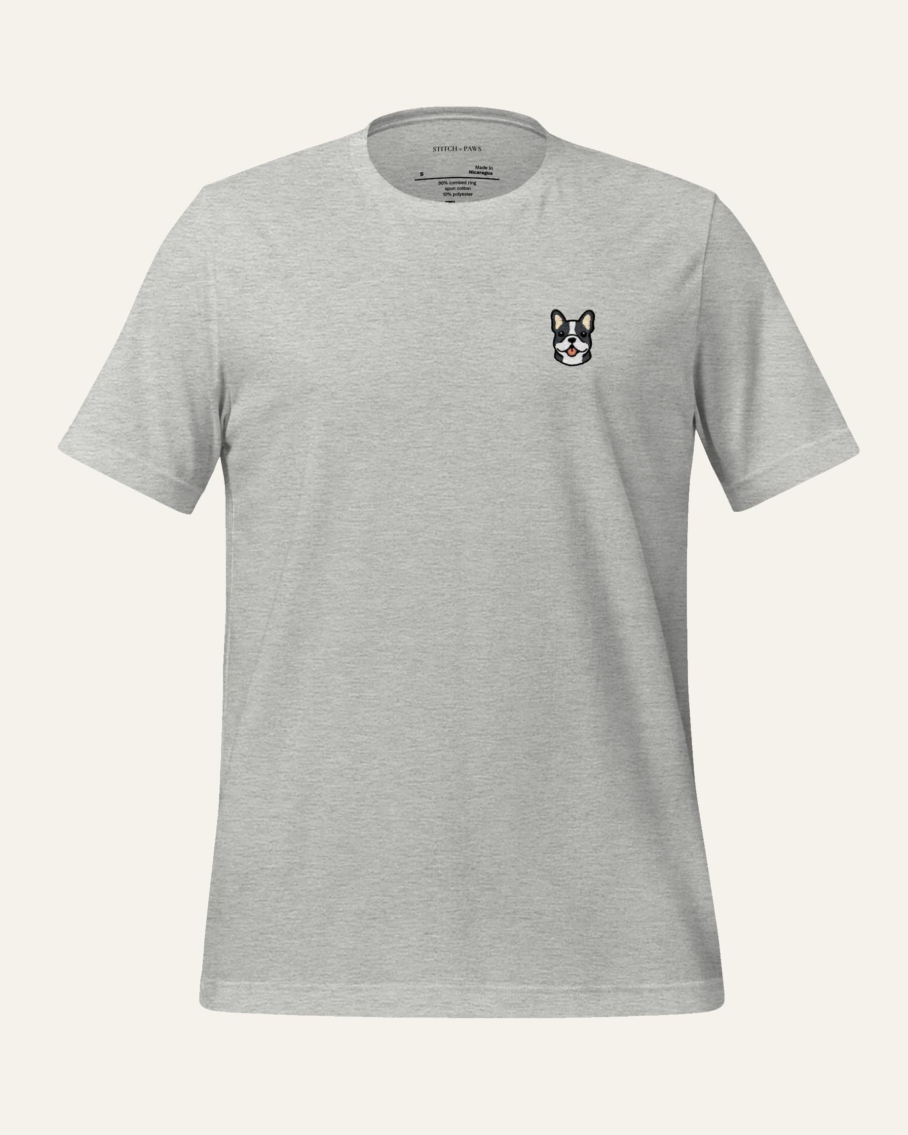 Light Grey Heather T-shirt with minimalist embroidered Frenchie icon on left chest.