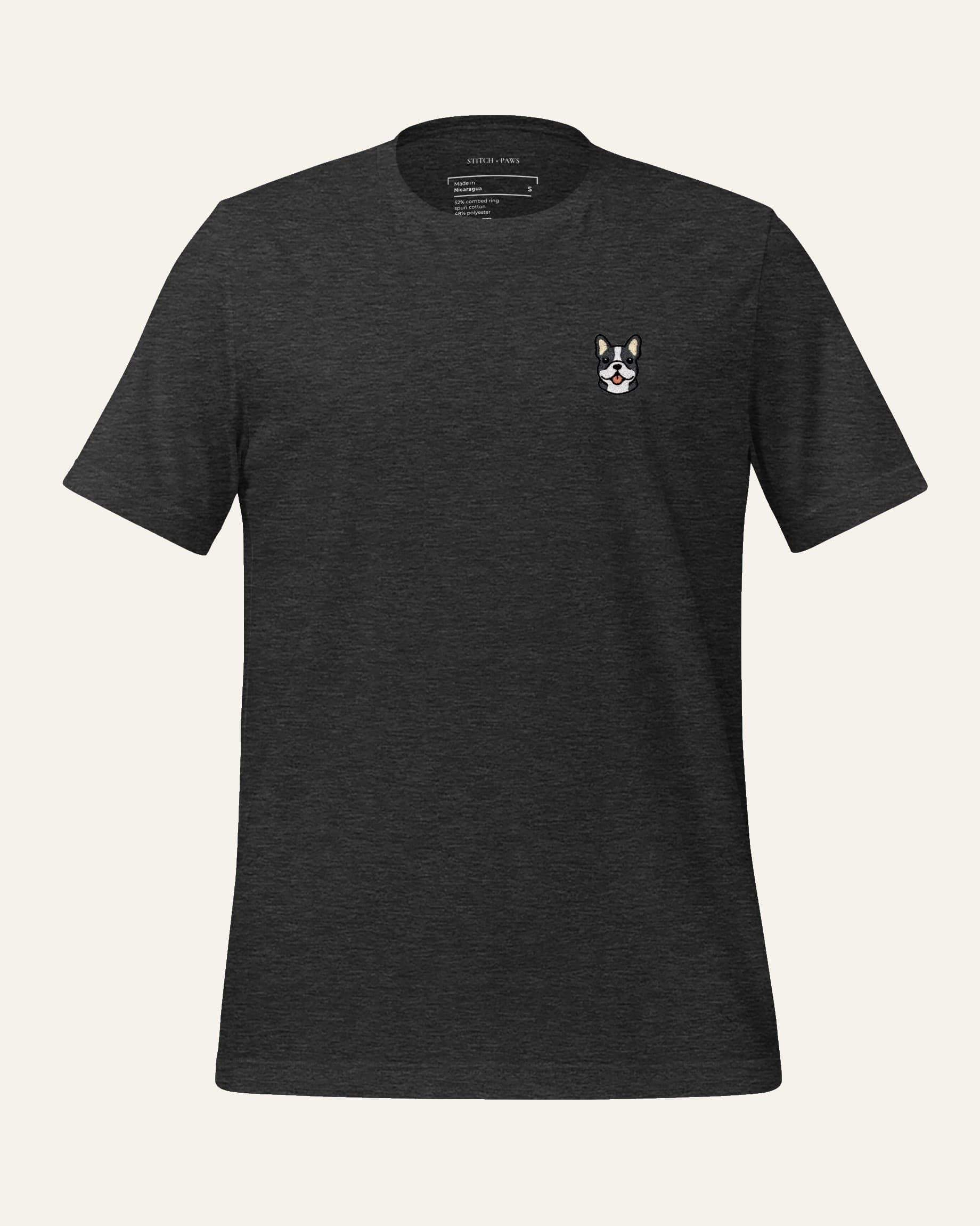 Dark Grey Heather T-shirt with minimalist embroidered Frenchie icon on left chest.