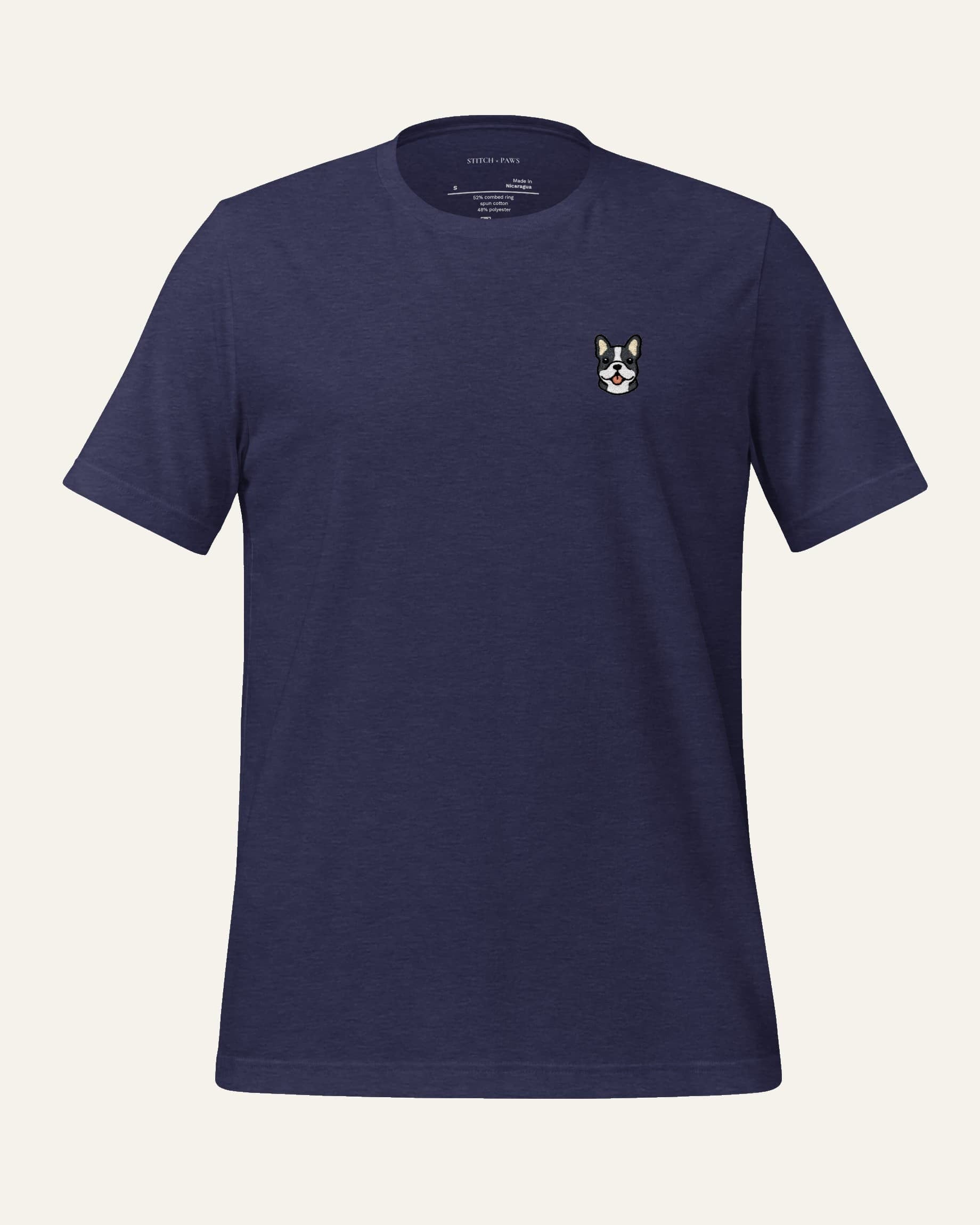 Midnight Navy Heather T-shirt with minimalist embroidered Frenchie icon on left chest.