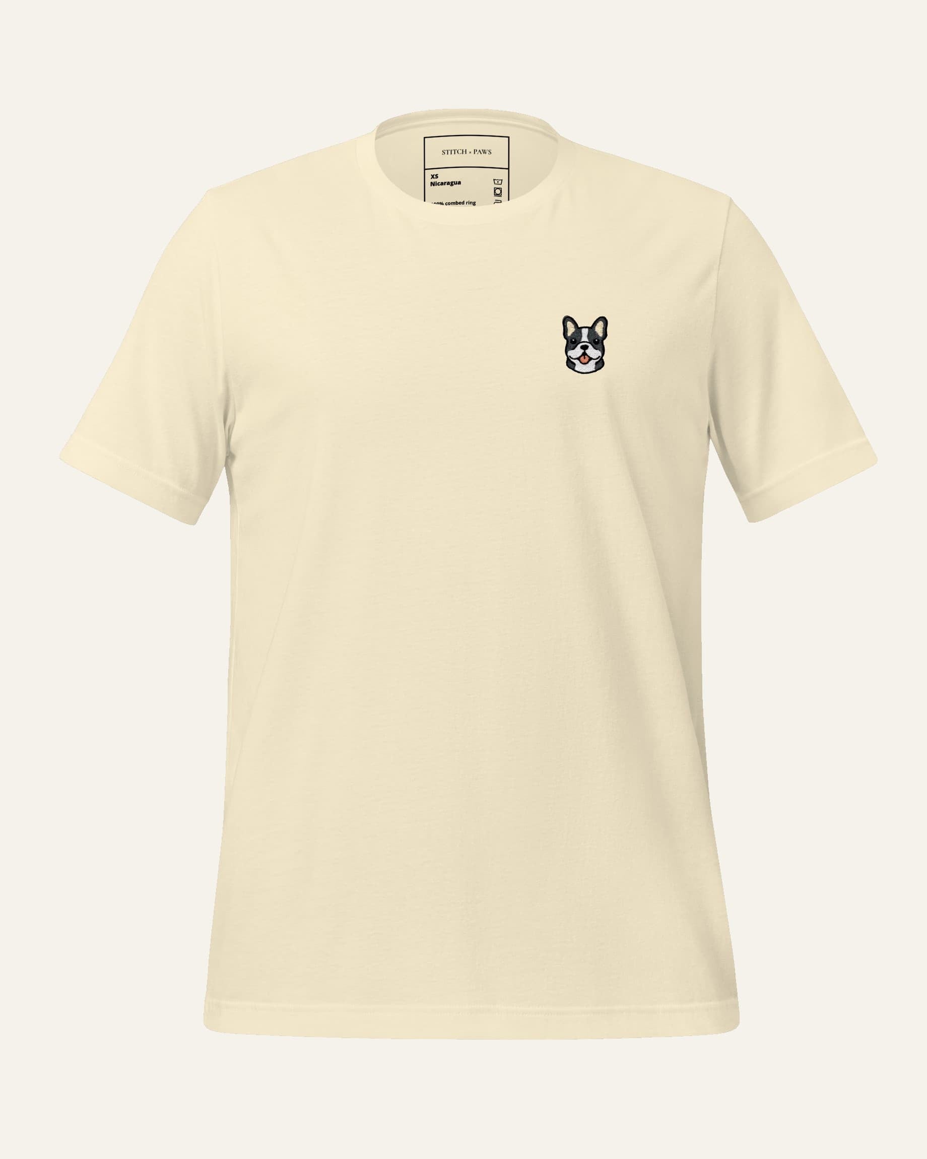 Beige T-shirt with minimalist embroidered Frenchie icon on left chest.