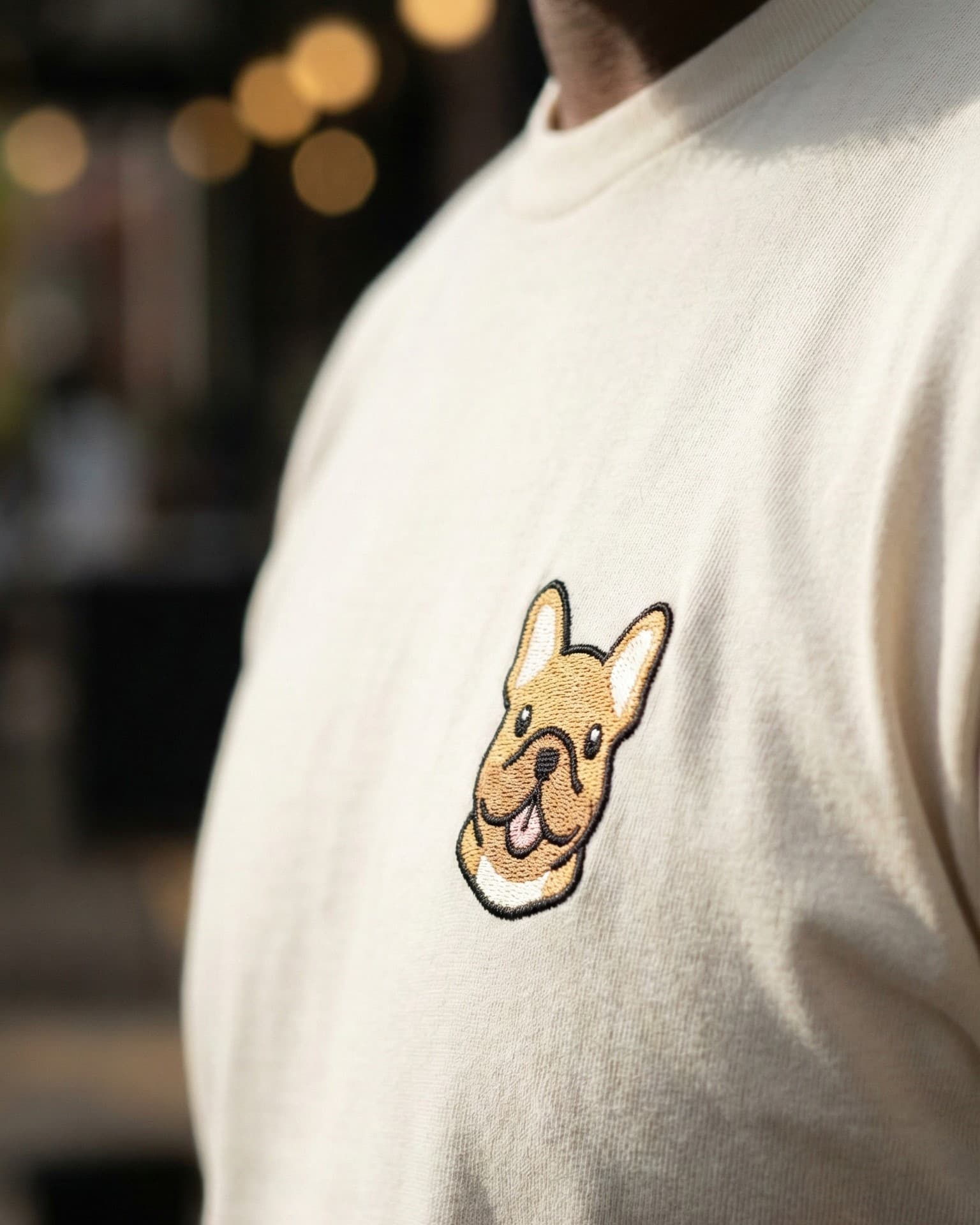 Close up of man wearing Beige T-shirt with minimalist embroidered #fawn Frenchie icon on left chest.