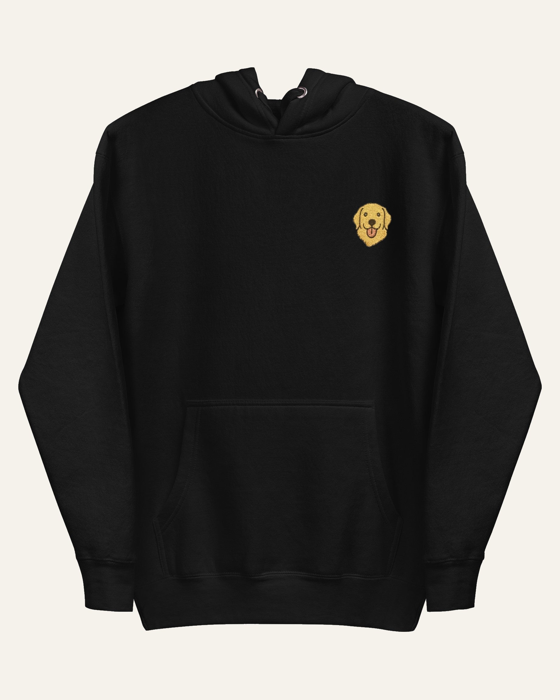 Black Hoodie with minimalist embroidered Golden Retriever icon on left chest.