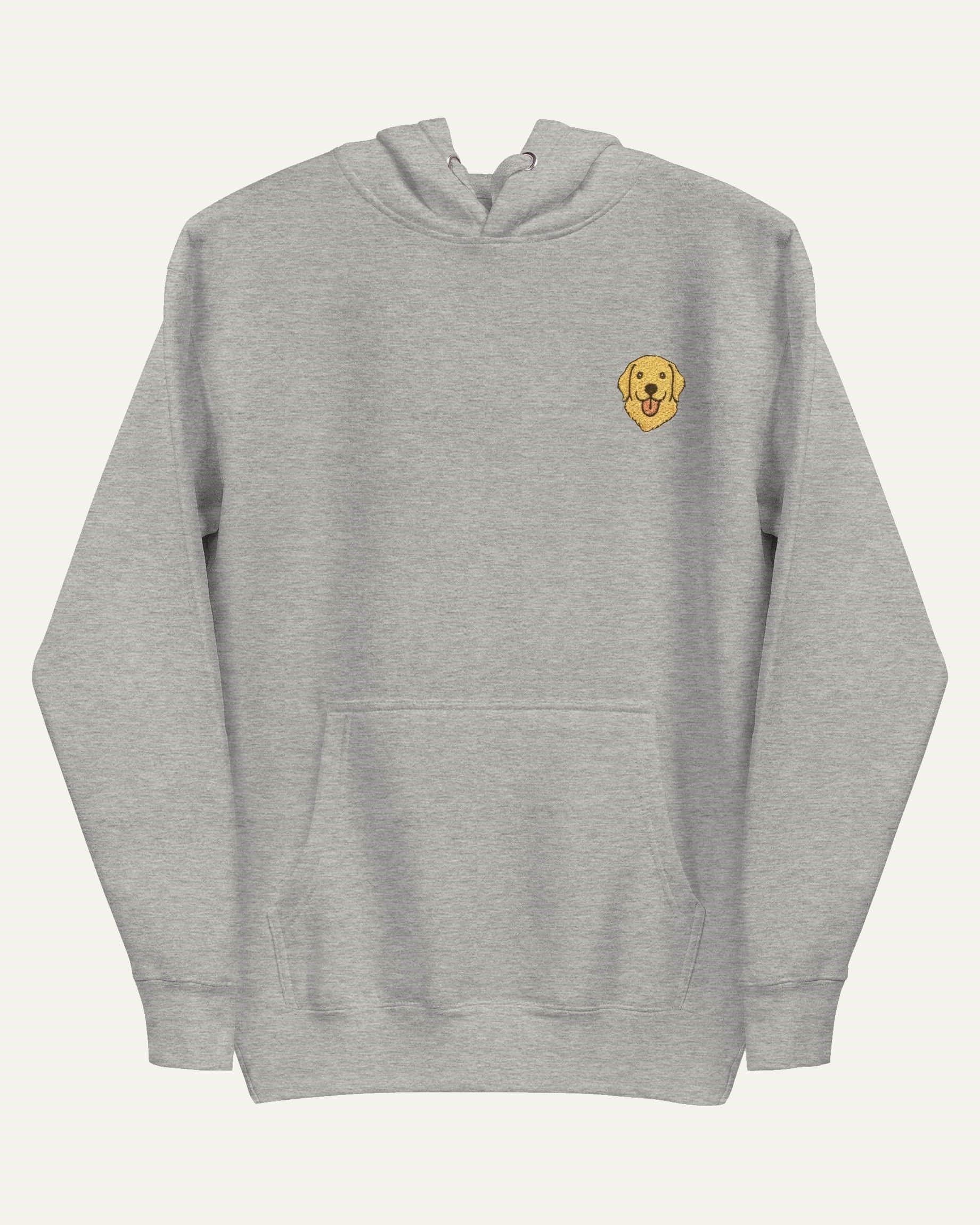 Light Grey Heather Hoodie with minimalist embroidered Golden Retriever icon on left chest.