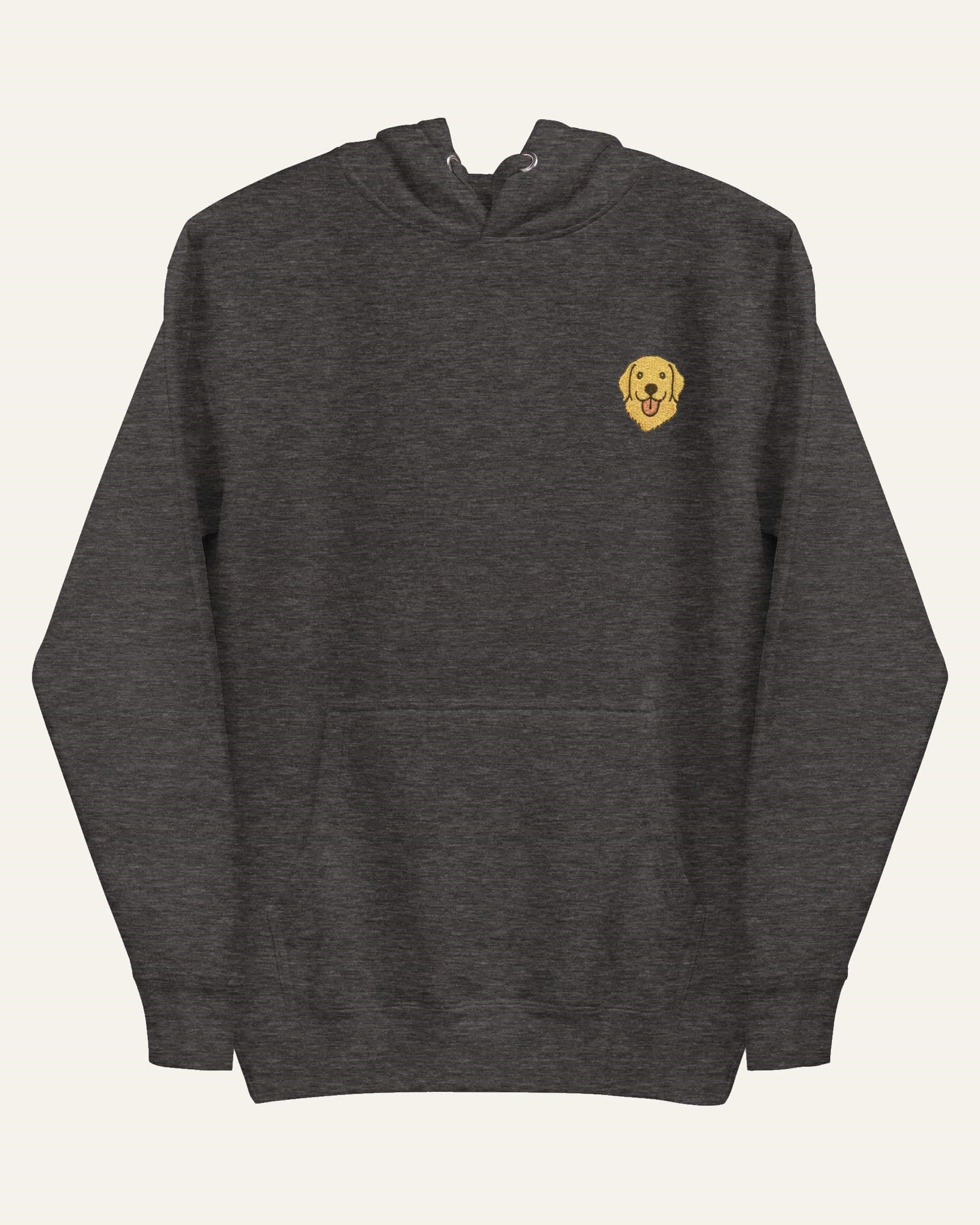 Dark Grey Heather Hoodie with minimalist embroidered Golden Retriever icon on left chest.