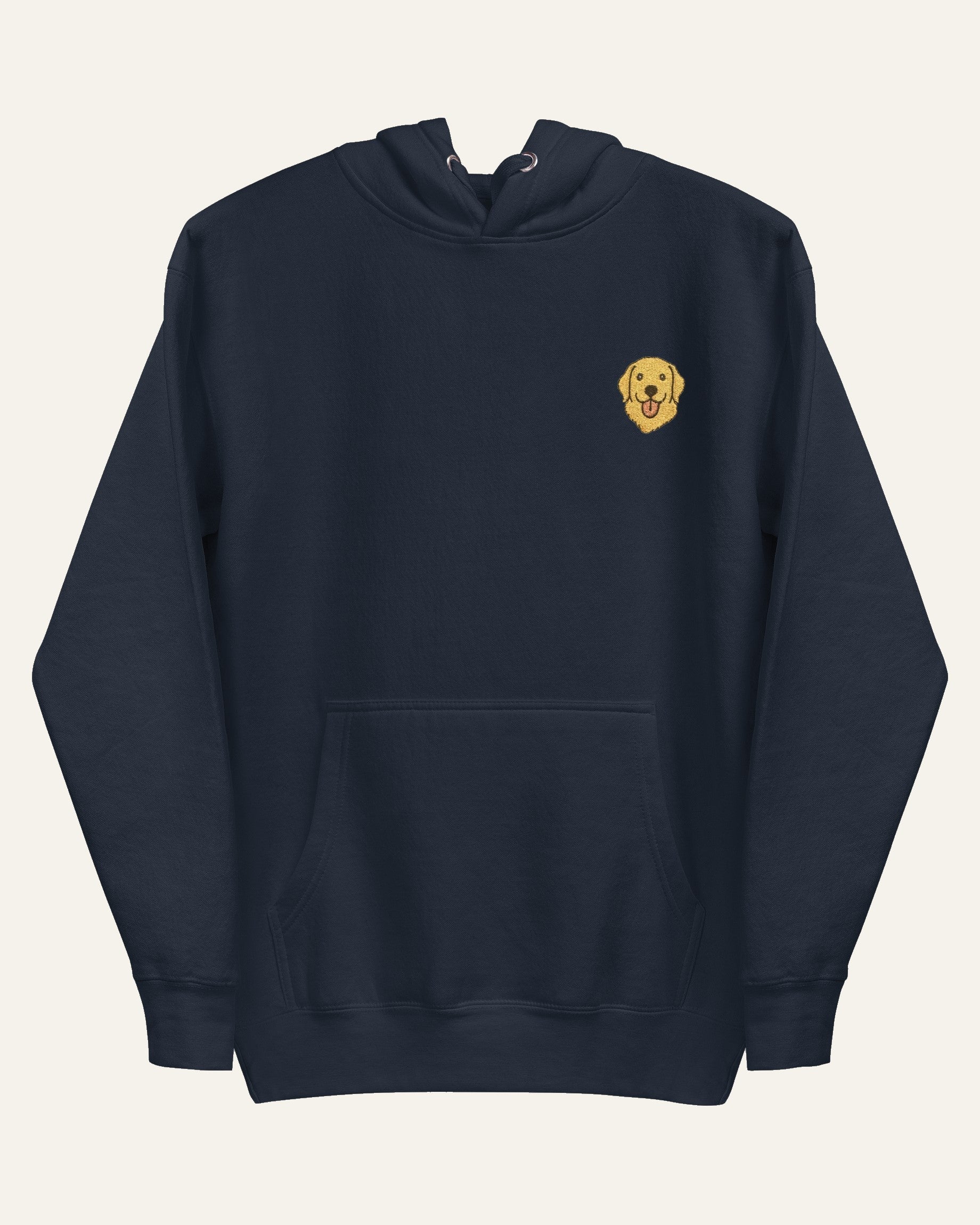 Navy Hoodie with minimalist embroidered Golden Retriever icon on left chest.
