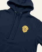 Navy Hoodie with minimalist embroidered Golden Retriever icon on left chest.