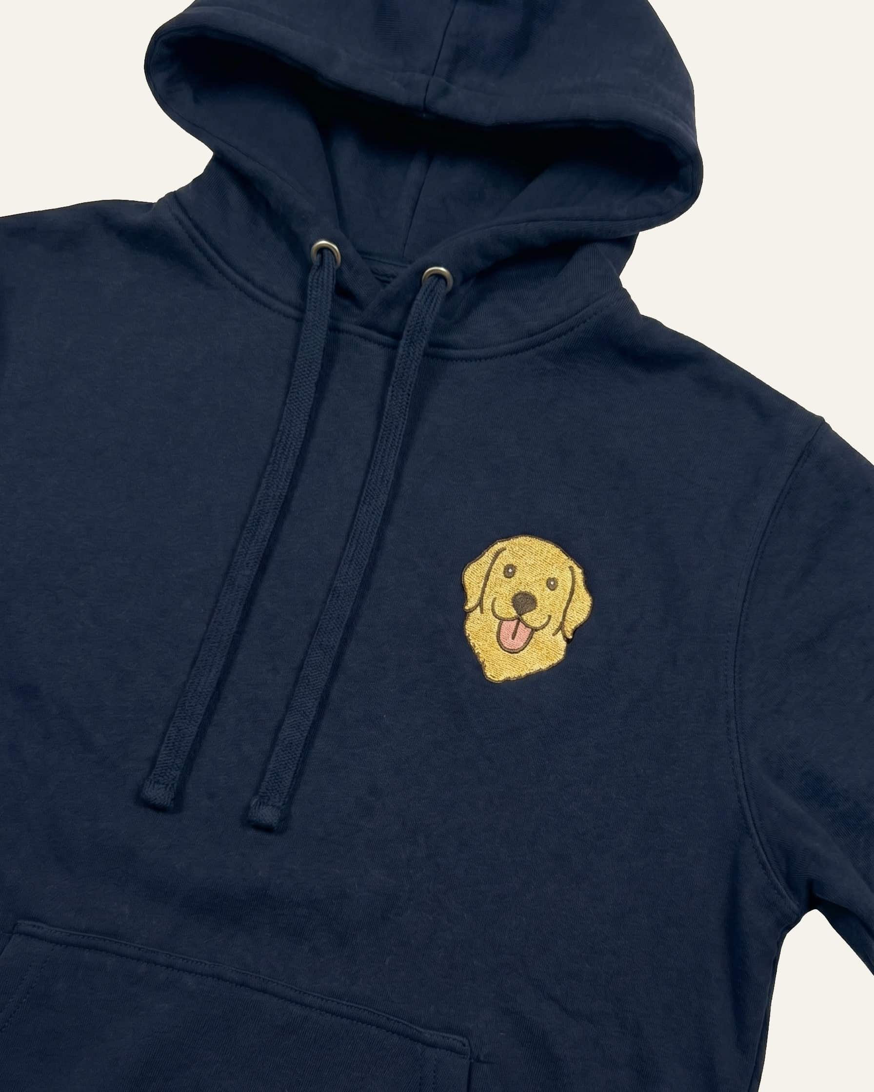 Navy Hoodie with minimalist embroidered Golden Retriever icon on left chest.