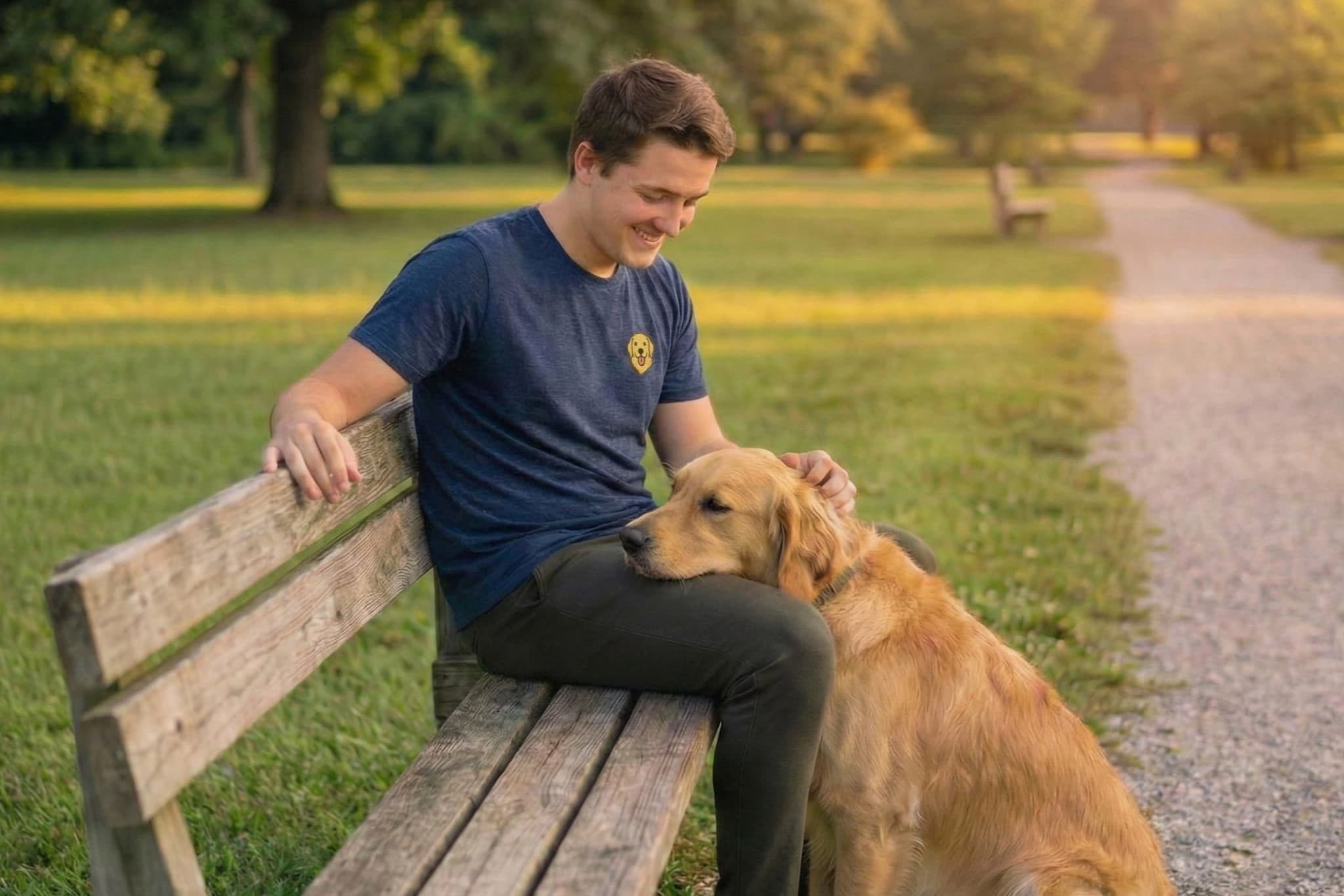 Man sitting on park bench with Golden Retriever, wearing Midnight Navy Heather T-shirt with minimalist embroidered Golden Retriever icon on left chest.