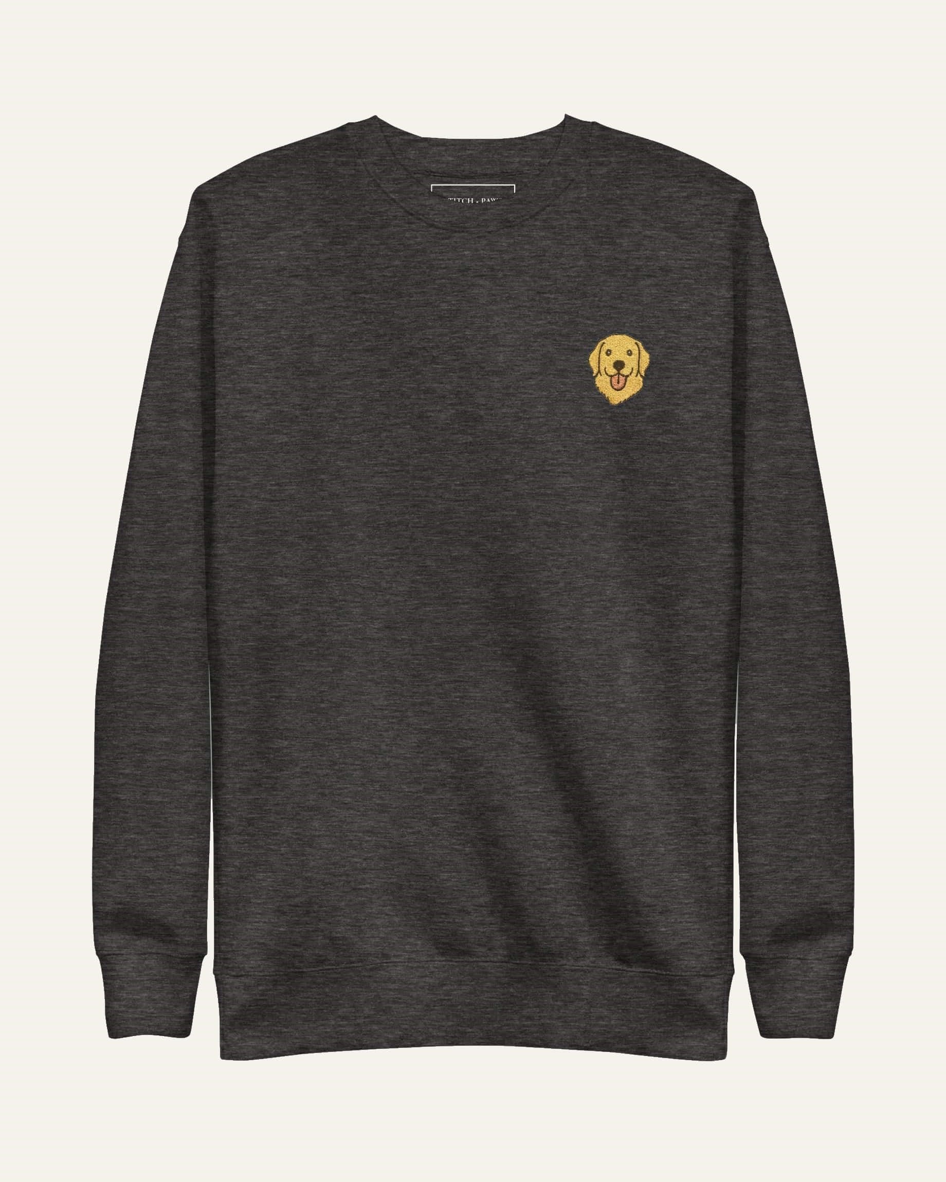 Dark Grey Heather Sweatshirt with minimalist embroidered Golden Retriever icon on left chest.