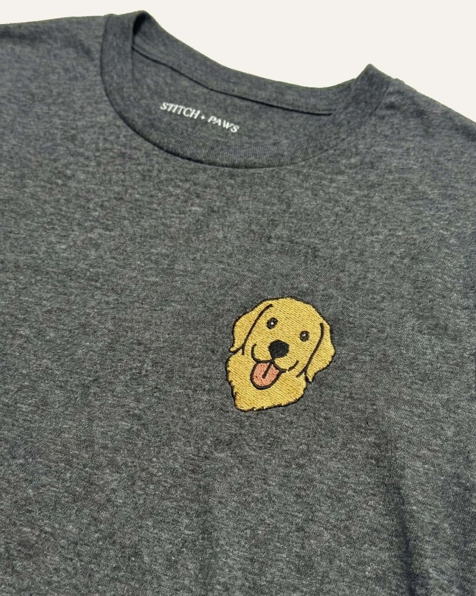 Dark Grey Heather Sweatshirt with minimalist embroidered Golden Retriever icon on left chest.