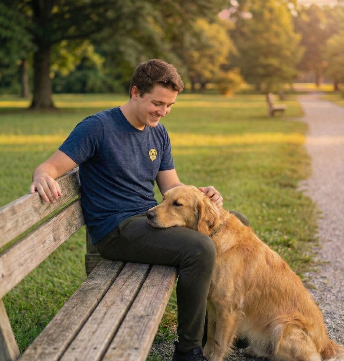 Man sitting on park bench with Golden Retriever, wearing Midnight Navy Heather T-shirt with minimalist embroidered Golden Retriever icon on left chest.