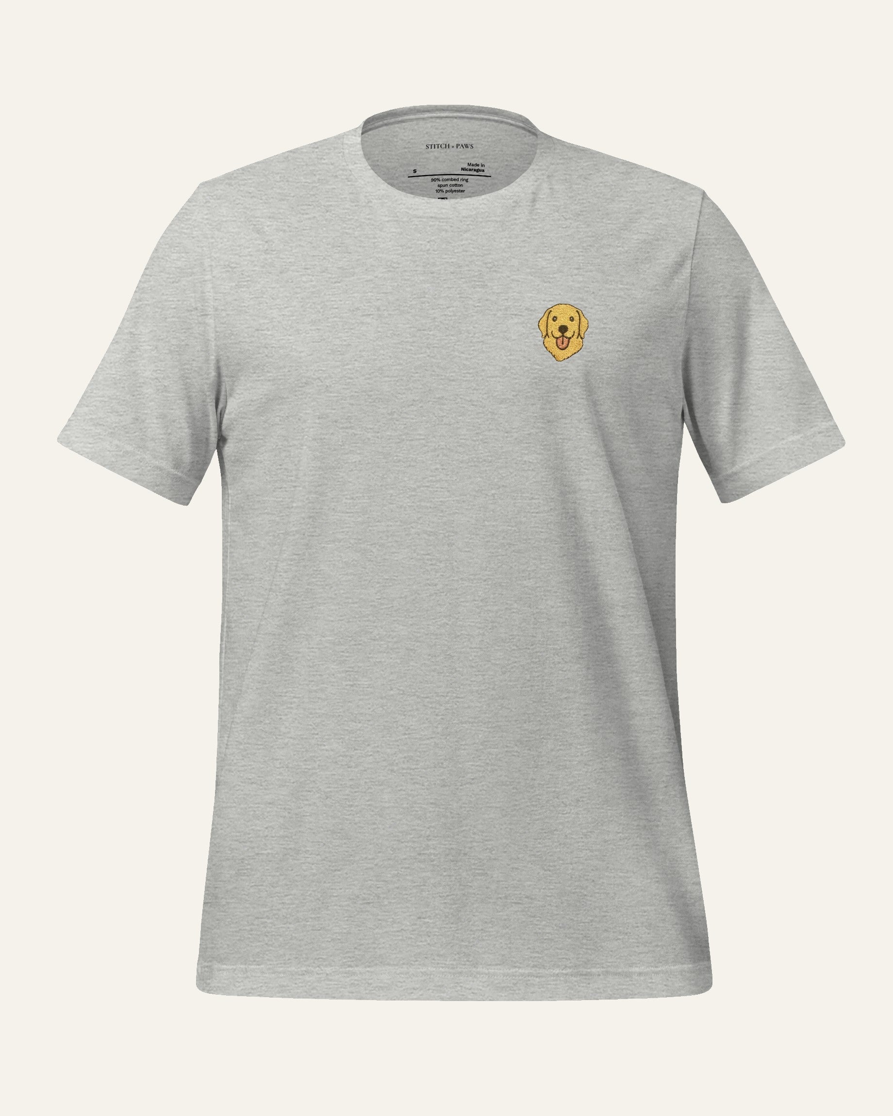 Light Grey Heather T-shirt with minimalist embroidered Golden Retriever icon on left chest.