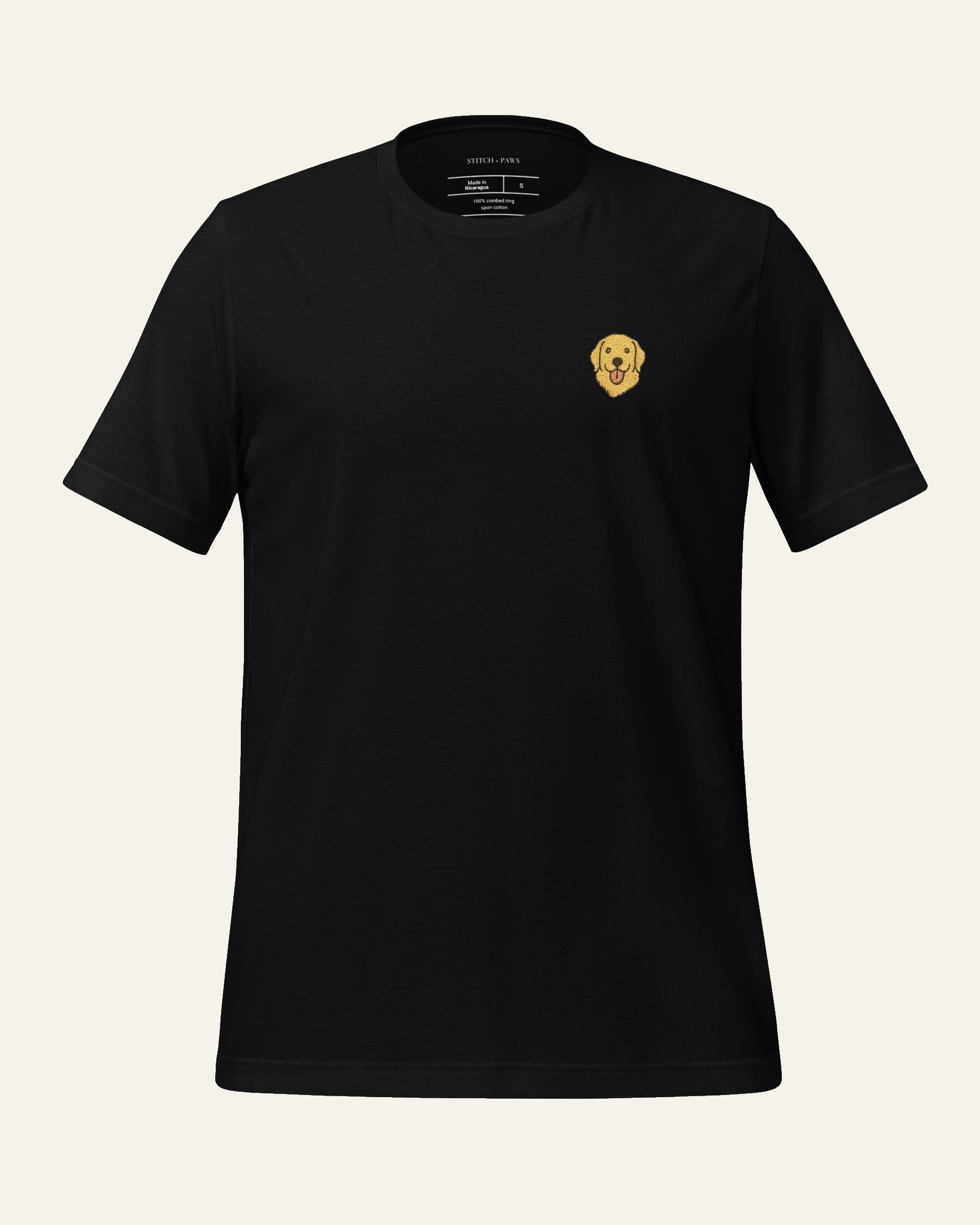 Black T-shirt with minimalist embroidered Golden Retriever icon on left chest.