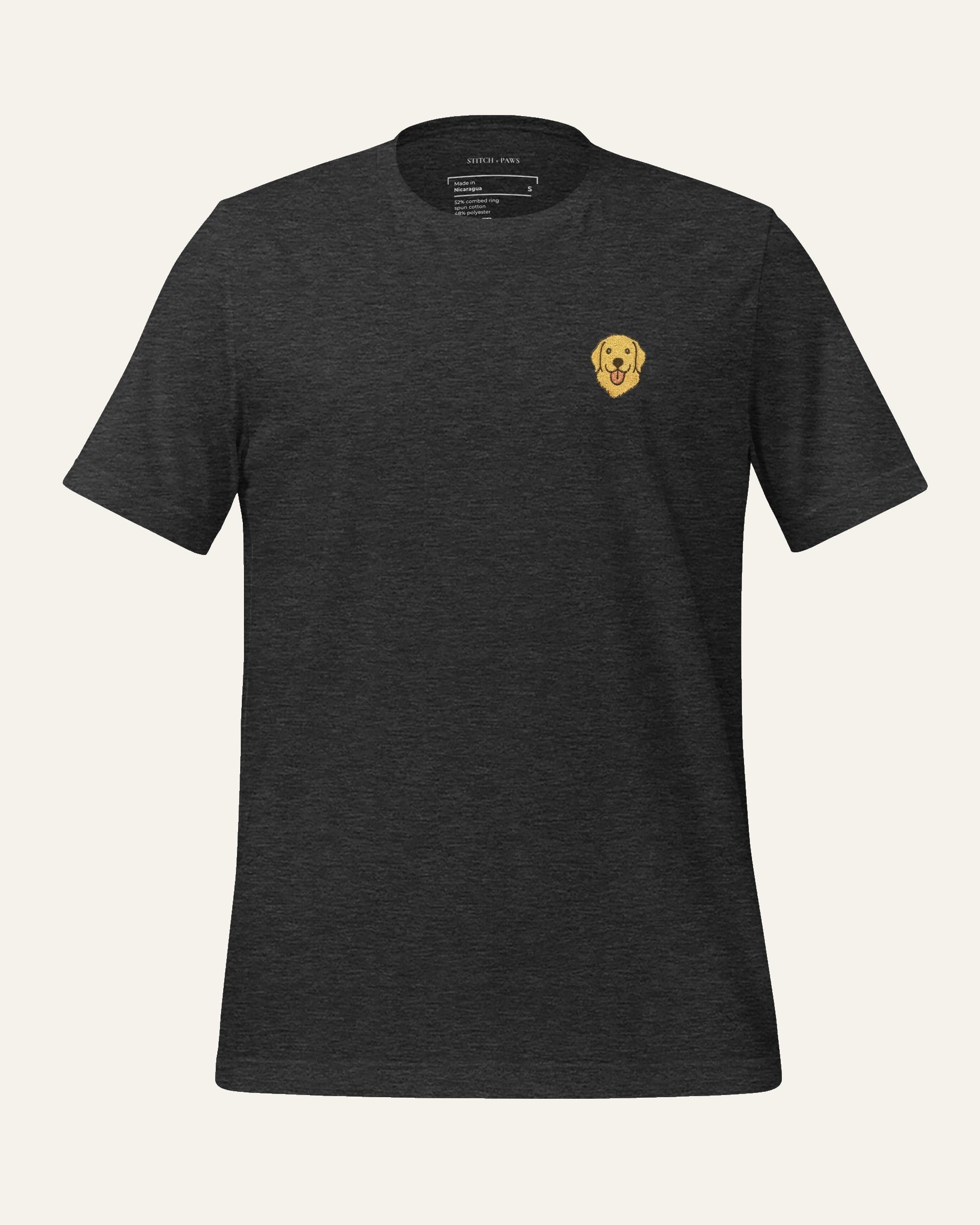 Dark Grey Heather T-shirt with minimalist embroidered Golden Retriever icon on left chest.