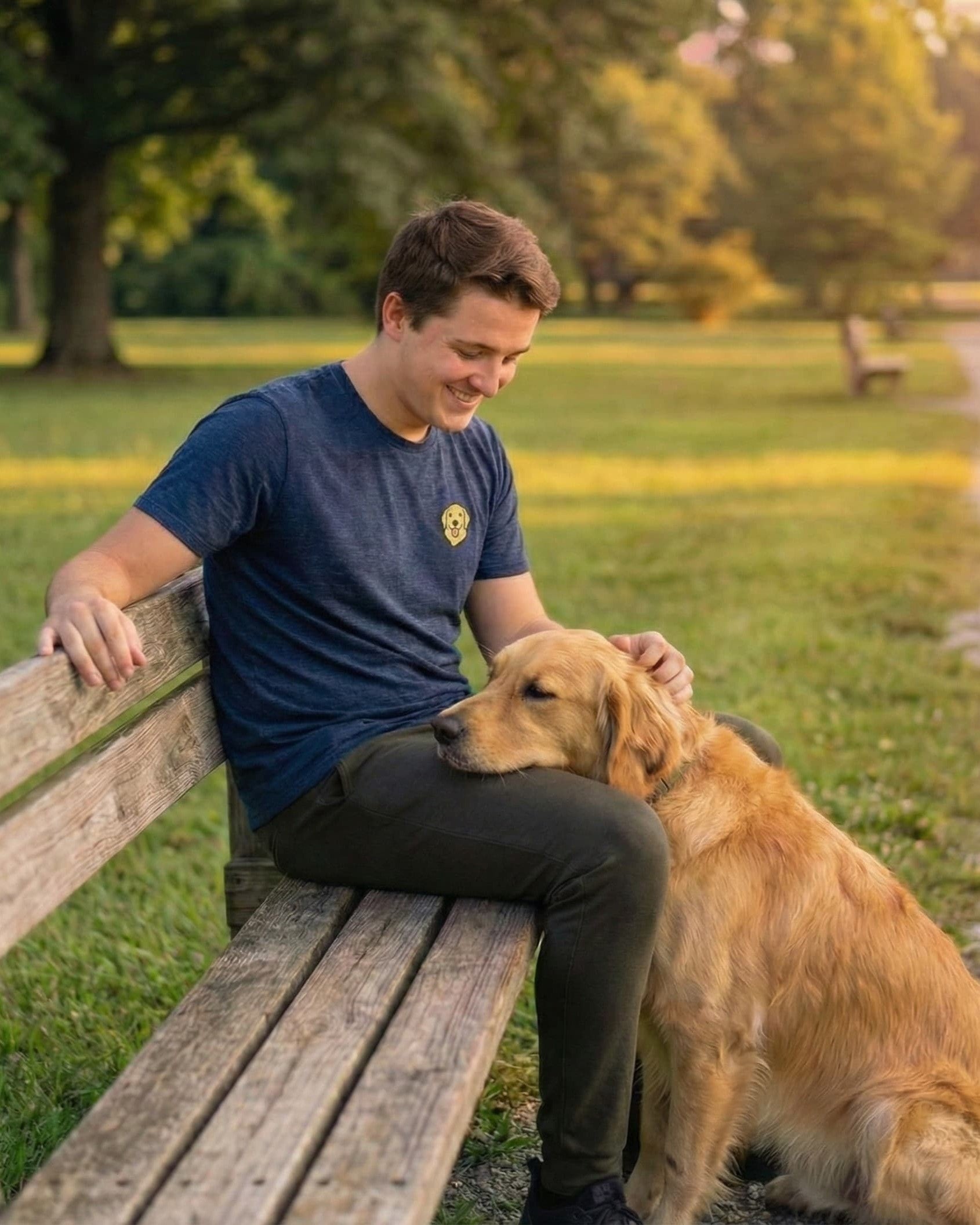 Man sitting on park bench with Golden Retriever, wearing Midnight Navy Heather T-shirt with minimalist embroidered Golden Retriever icon on left chest.