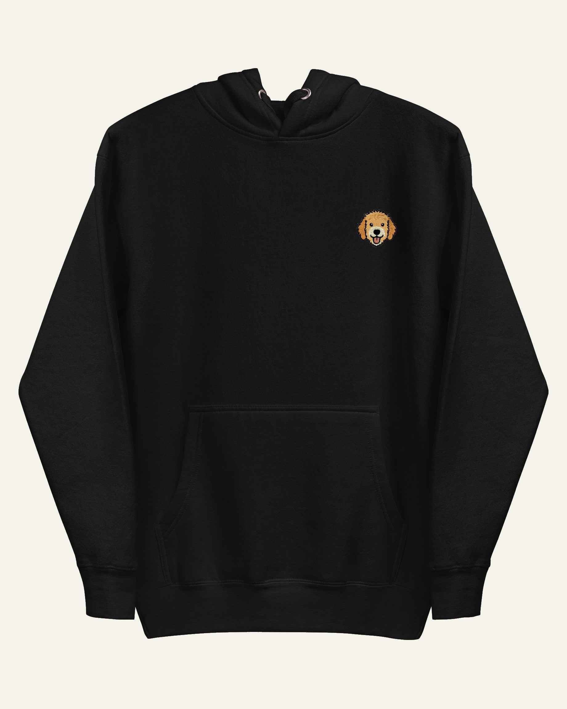Black Hoodie with minimalist embroidered Goldendoodle icon on left chest.