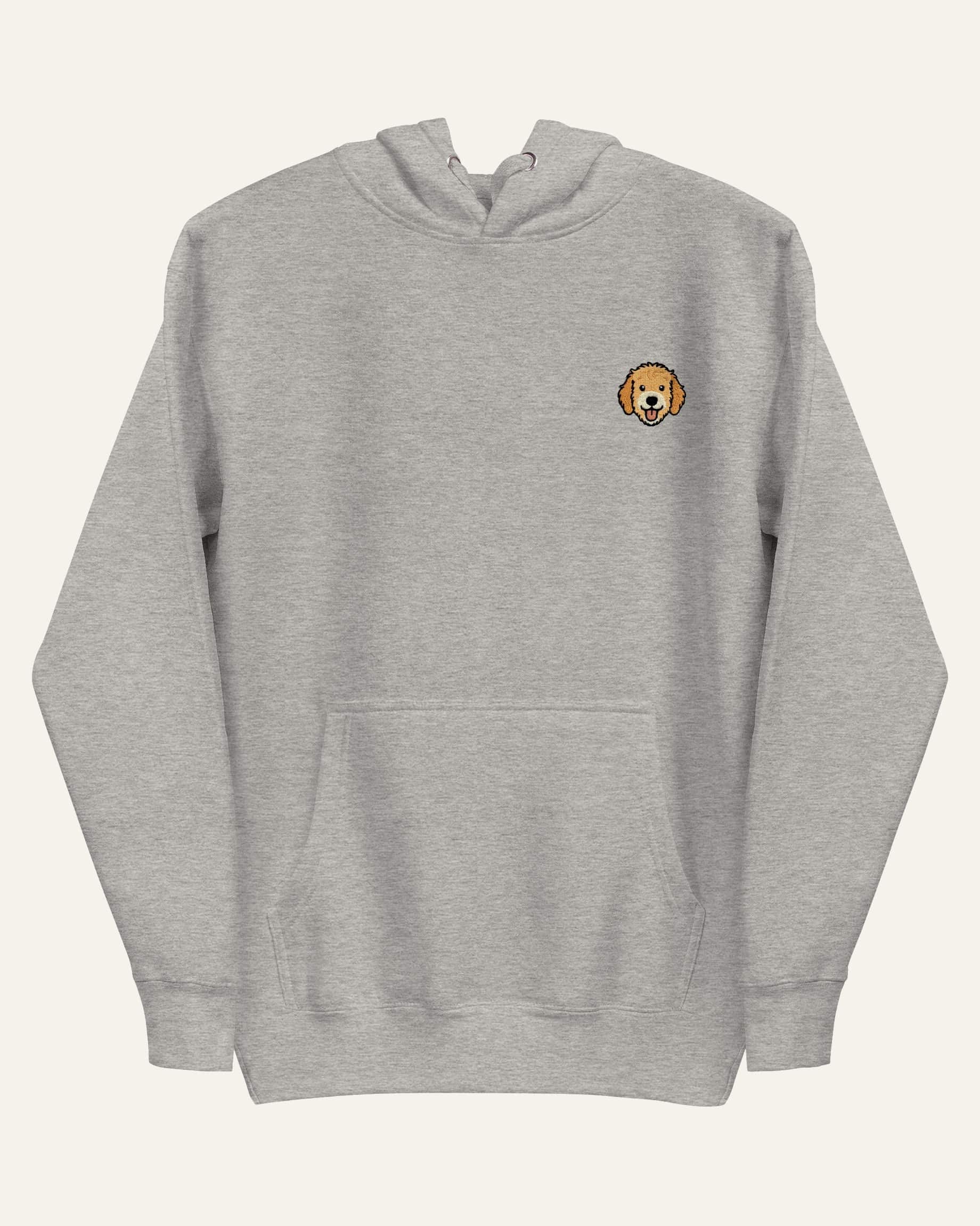Light Grey Heather Hoodie with minimalist embroidered Goldendoodle icon on left chest.